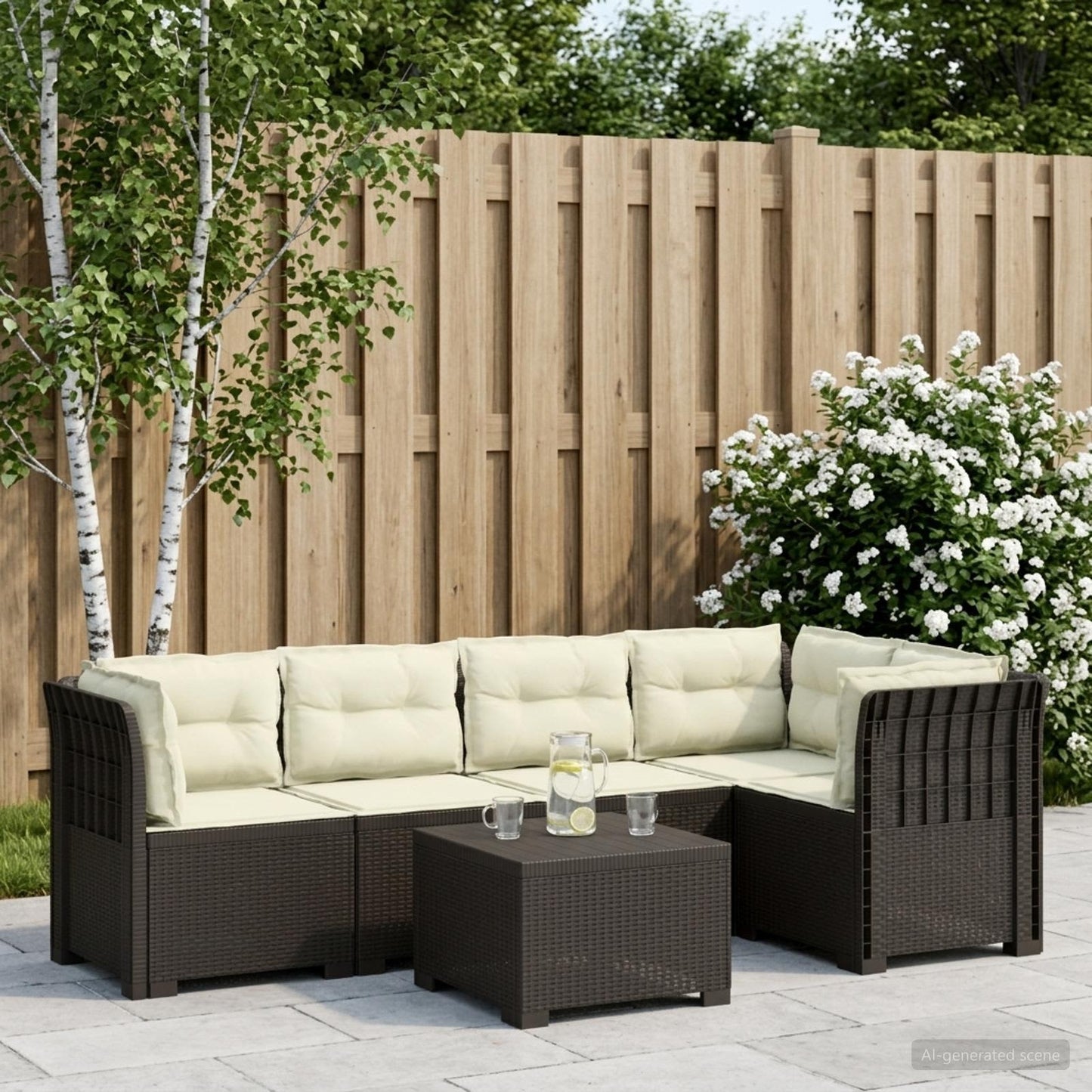 Divano da Giardino 5 Posti con Cuscini Stile Rattan PP | homemem39