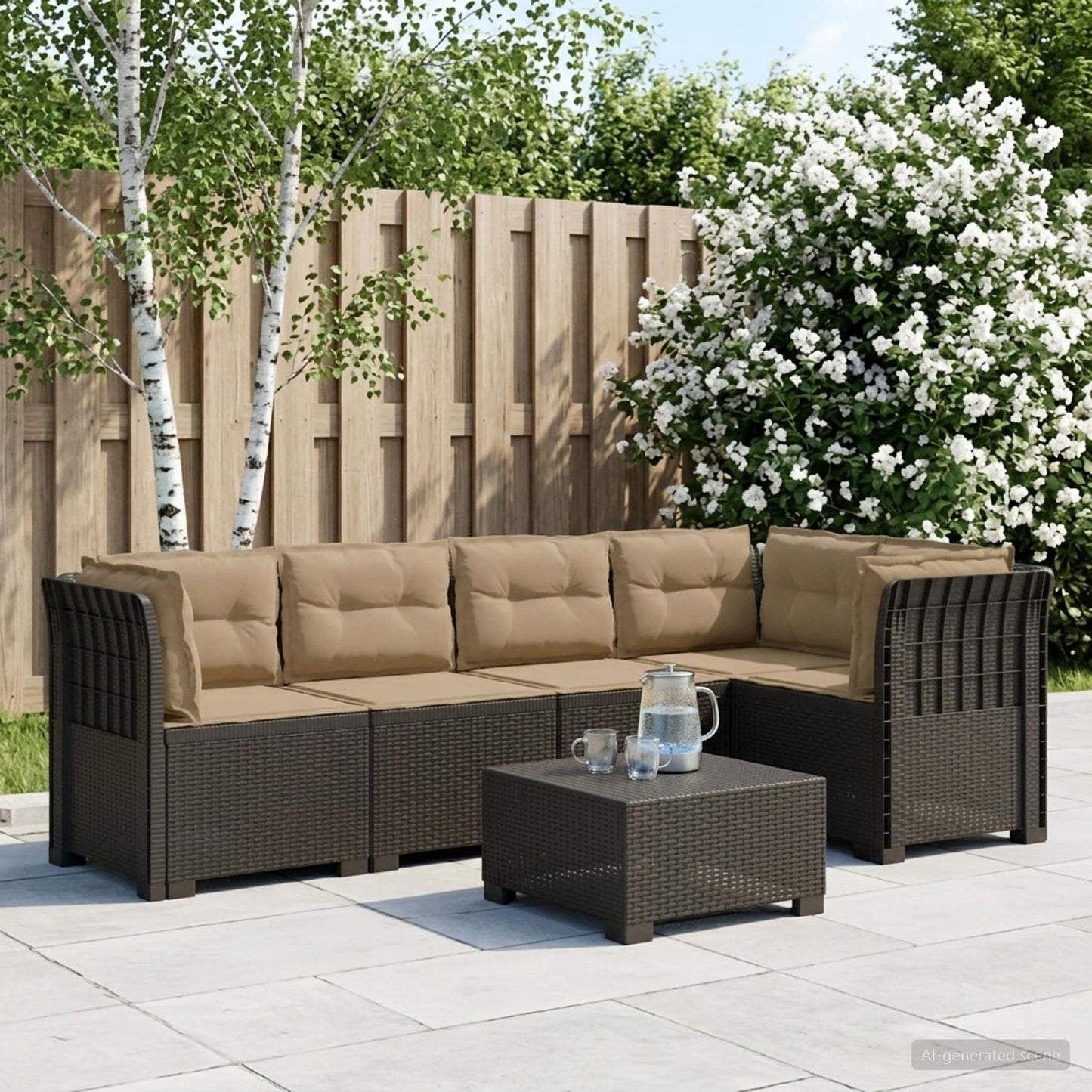 Divano da Giardino 5 Posti con Cuscini Stile Rattan PP | homemem39