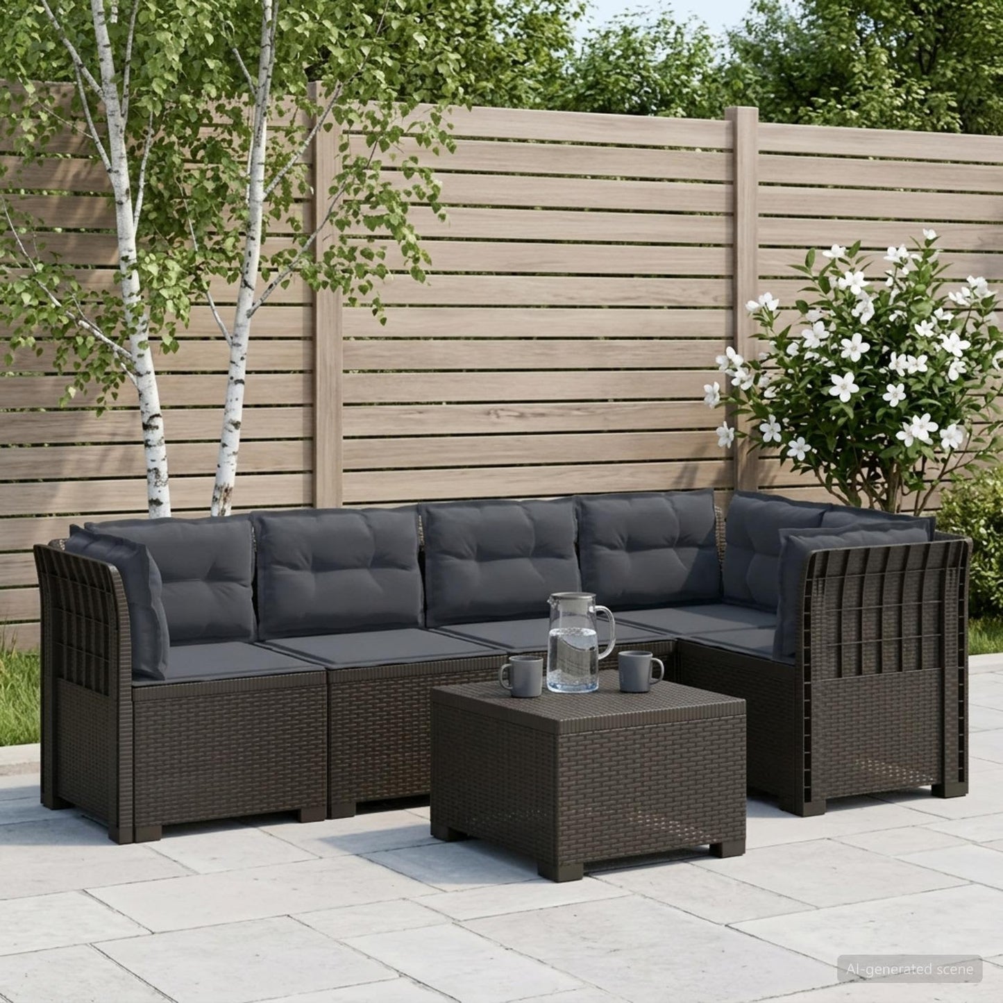 Divano da Giardino 5 Posti con Cuscini Stile Rattan PP | homemem39