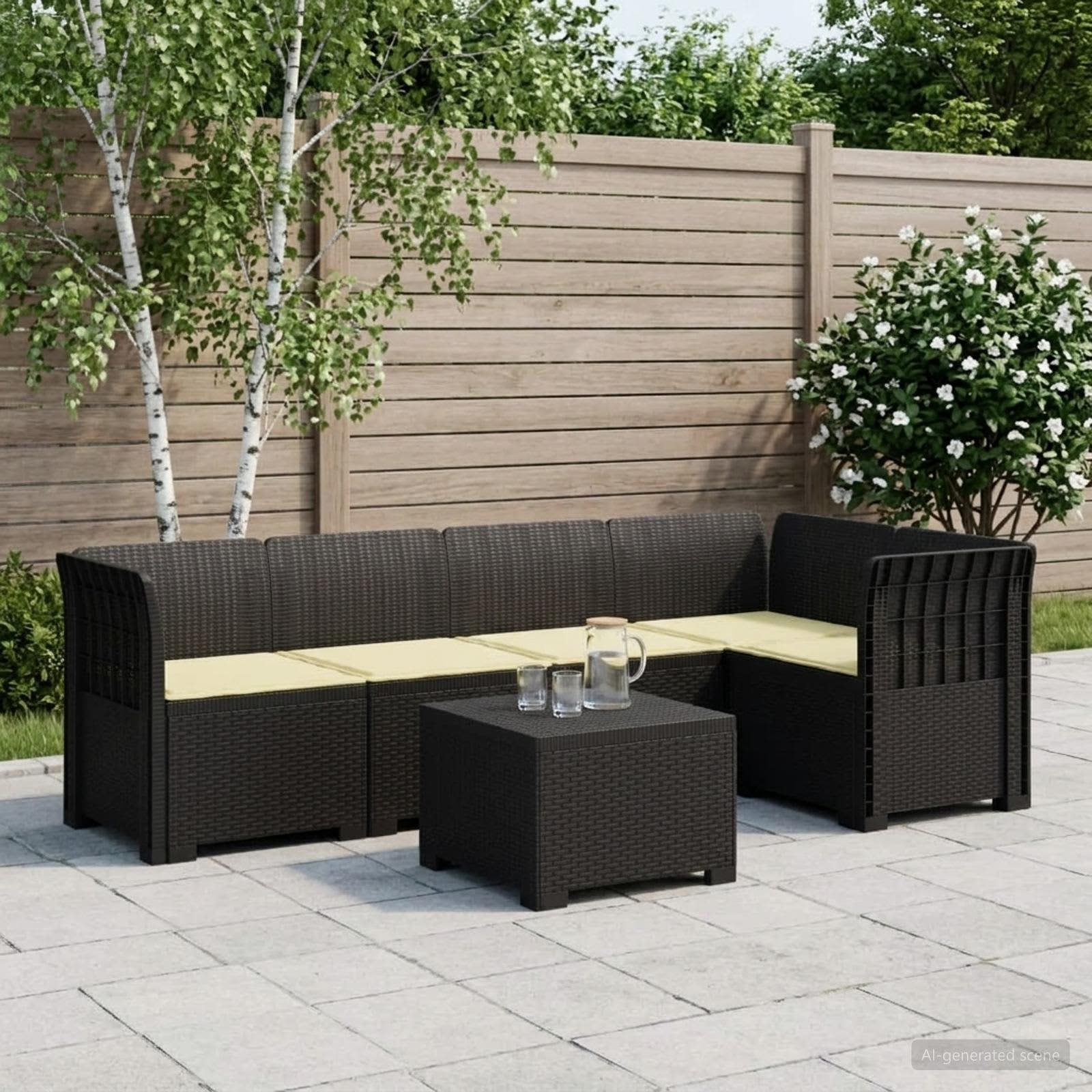 Divano da Giardino 5 Posti con Cuscini Stile Rattan PP | homemem39