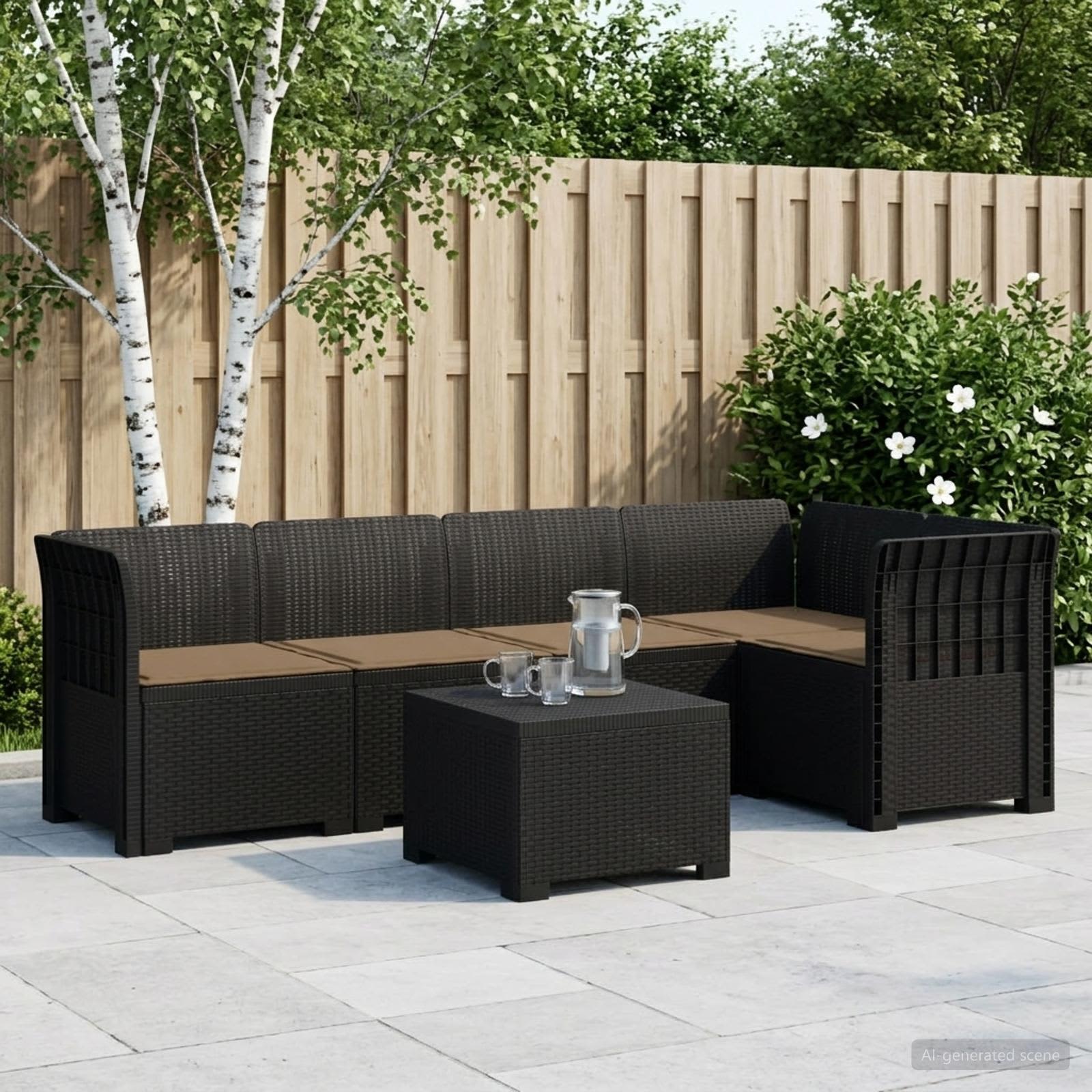 Divano da Giardino 5 Posti con Cuscini Stile Rattan PP | homemem39