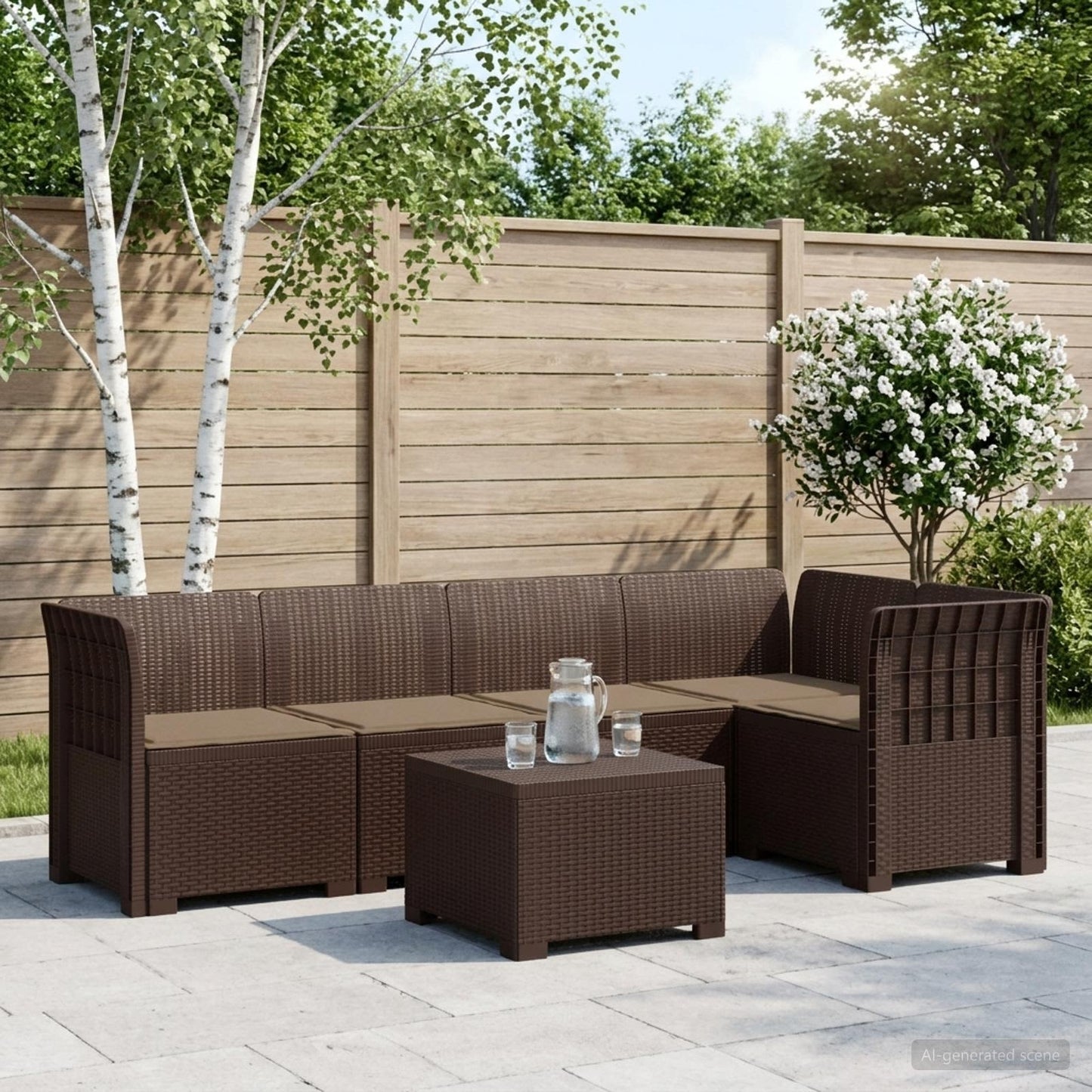 Divano da Giardino 5 Posti con Cuscini Stile Rattan PP Marrone | homemem39