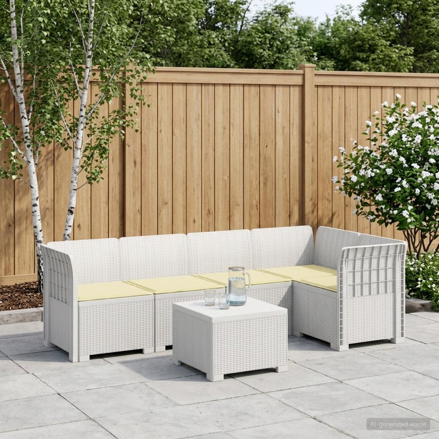 Divano da Giardino 5 Posti con Cuscini Stile Rattan PP Bianco | homemem39