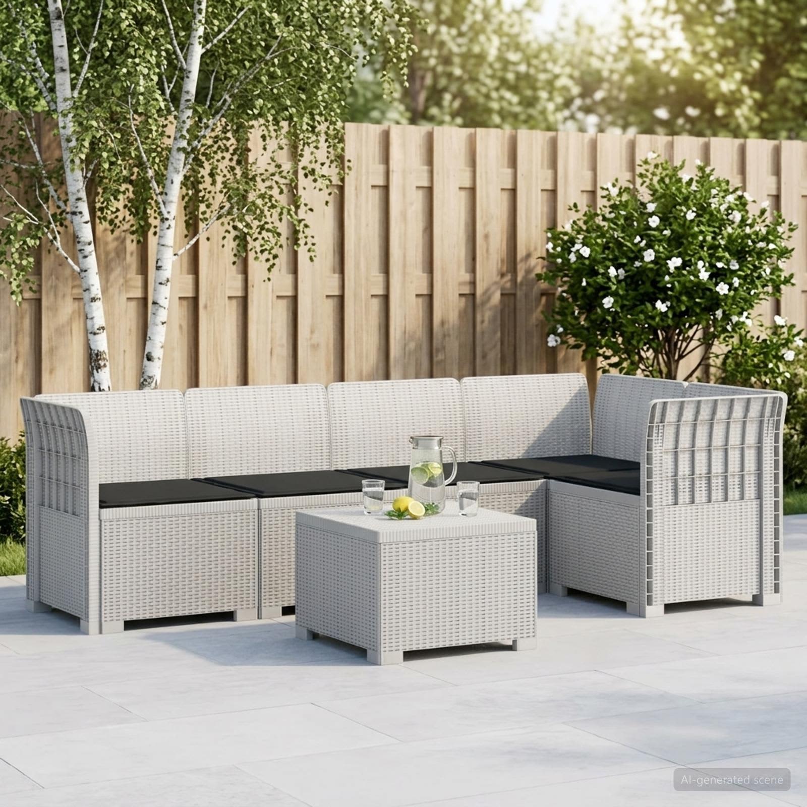 Divano da Giardino 5 Posti con Cuscini Stile Rattan PP Bianco | homemem39