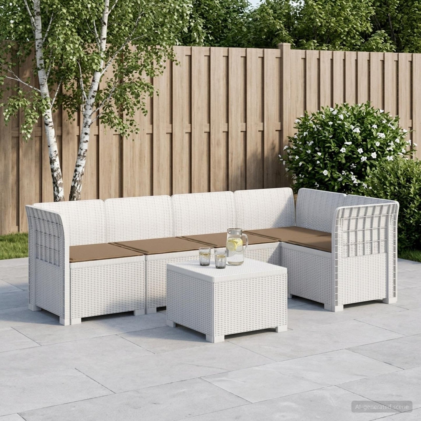 Divano da Giardino 5 Posti con Cuscini Stile Rattan PP Bianco | homemem39
