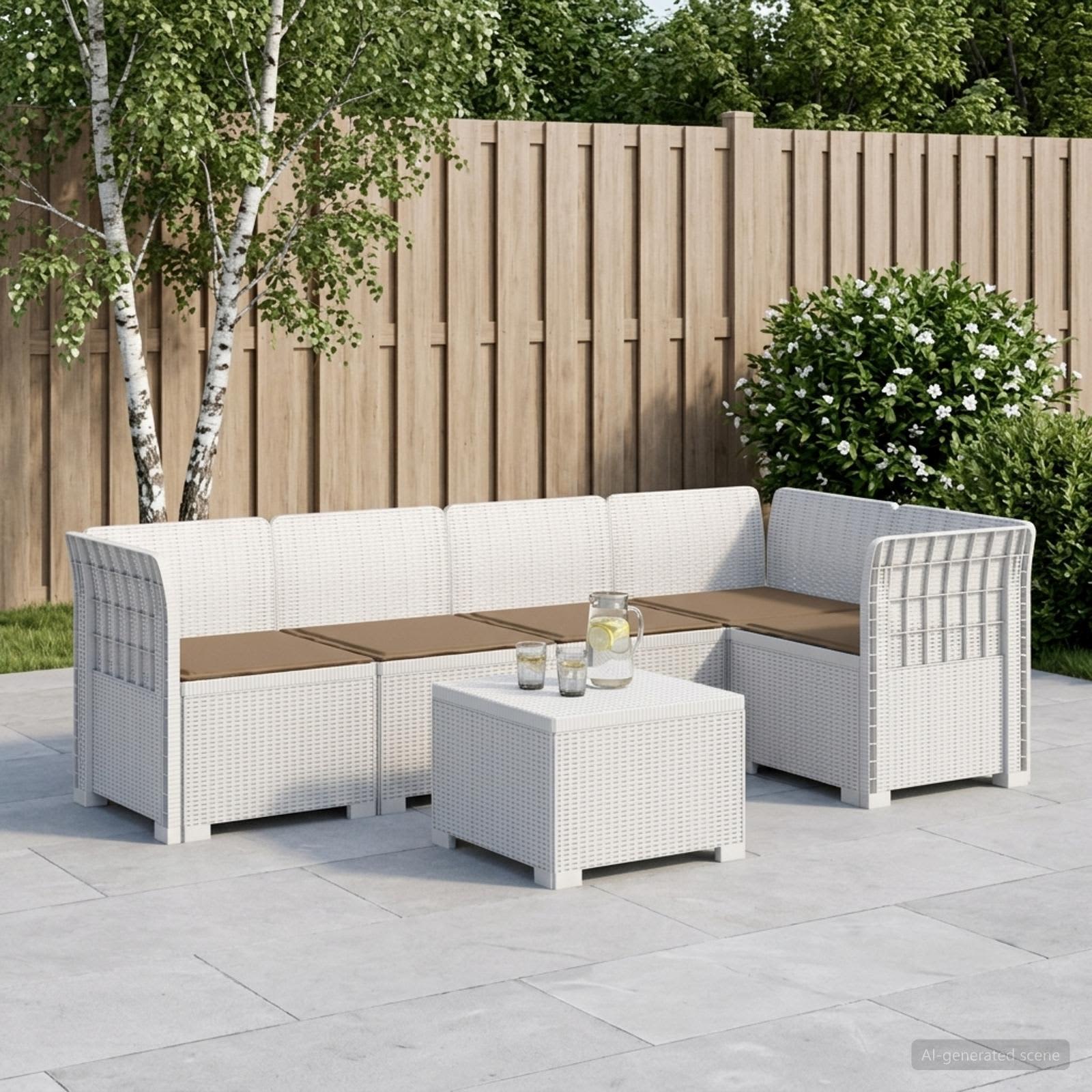 Divano da Giardino 5 Posti con Cuscini Stile Rattan PP Bianco | homemem39