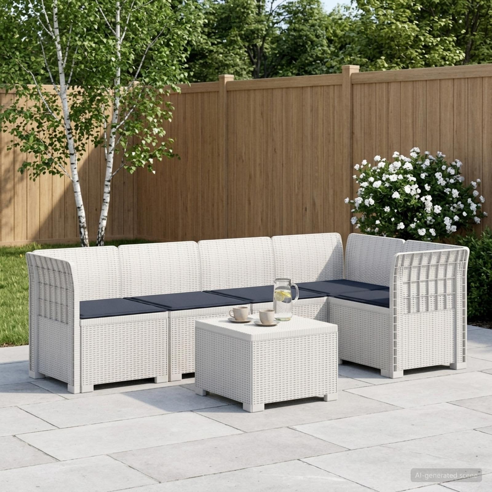 Divano da Giardino 5 Posti con Cuscini Stile Rattan PP Bianco | homemem39
