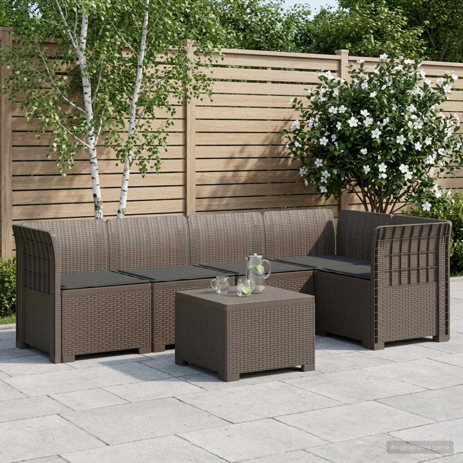 Divano da Giardino 5 Posti con Cuscini Stile Rattan PP | homemem39