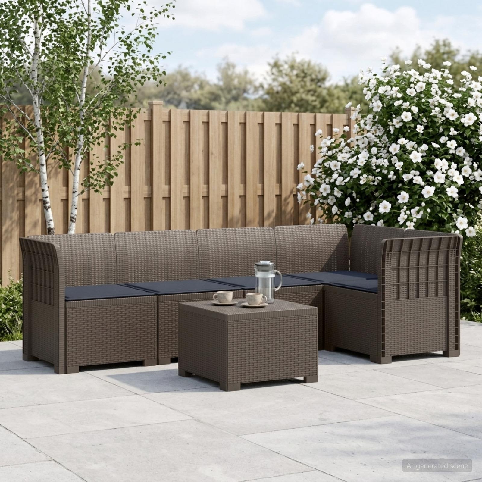 Divano da Giardino 5 Posti con Cuscini Stile Rattan PP | homemem39