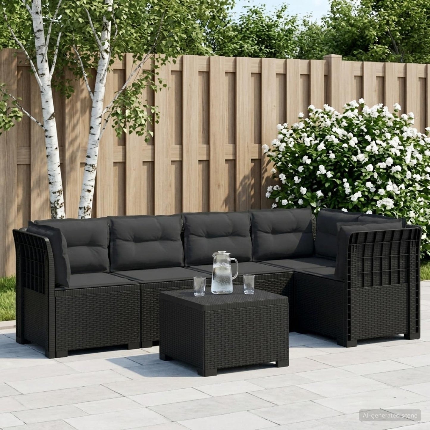 Divano da Giardino 5 Posti con Cuscini Stile Rattan PP | homemem39