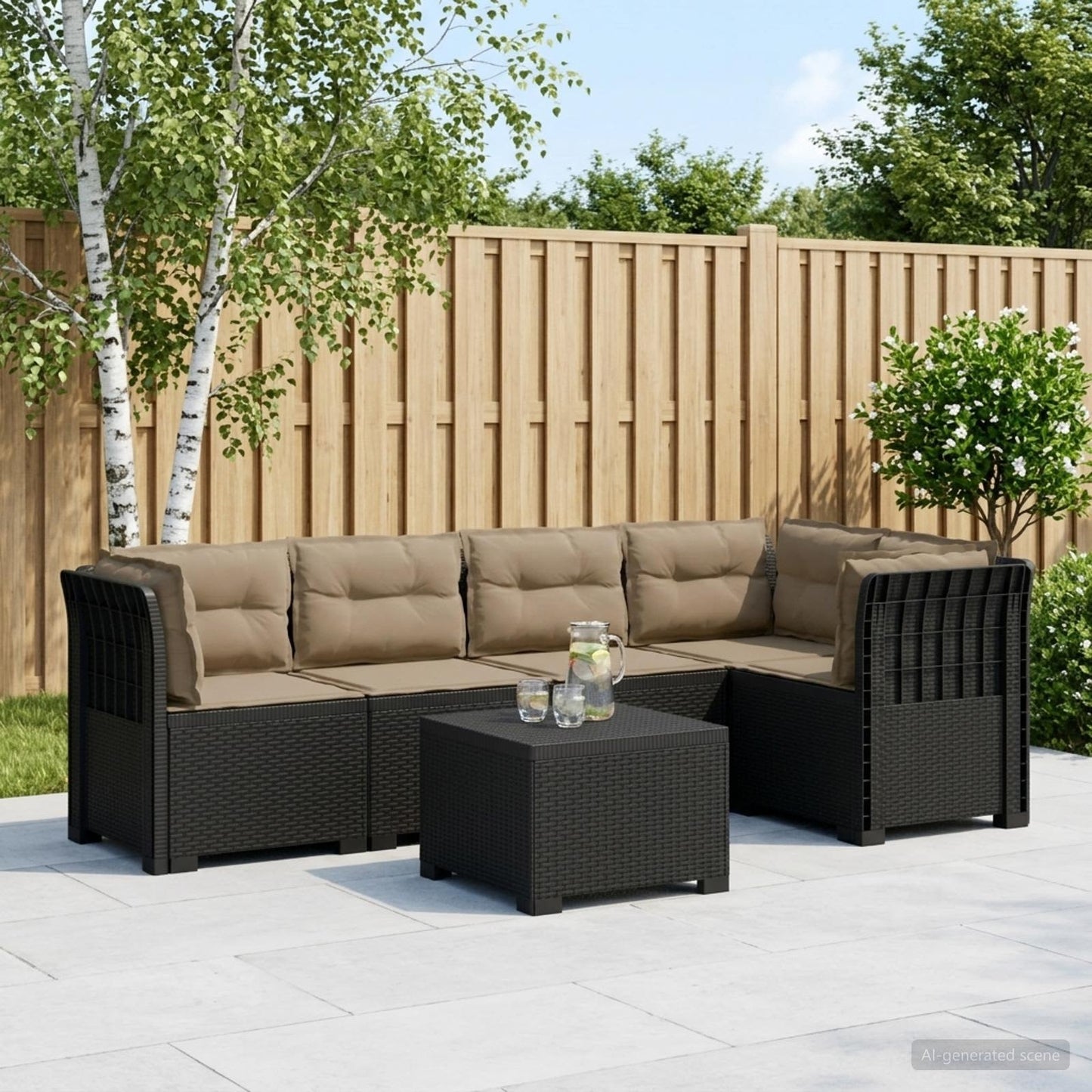 Divano da Giardino 5 Posti con Cuscini Stile Rattan PP | homemem39