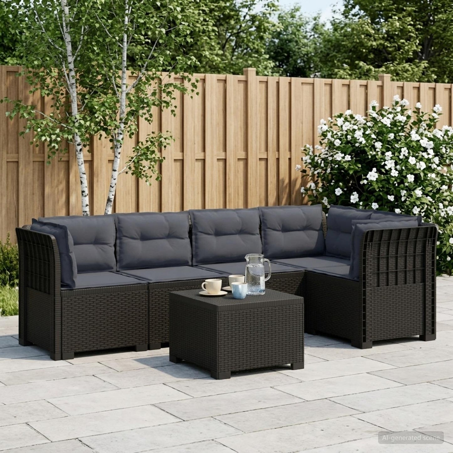 Divano da Giardino 5 Posti con Cuscini Stile Rattan PP | homemem39