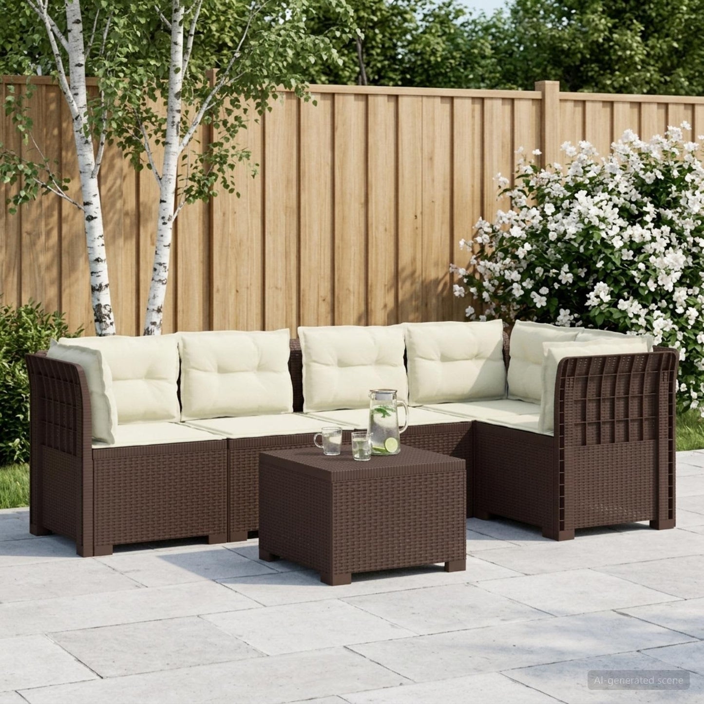 Divano da Giardino 5 Posti con Cuscini Stile Rattan PP Marrone | homemem39