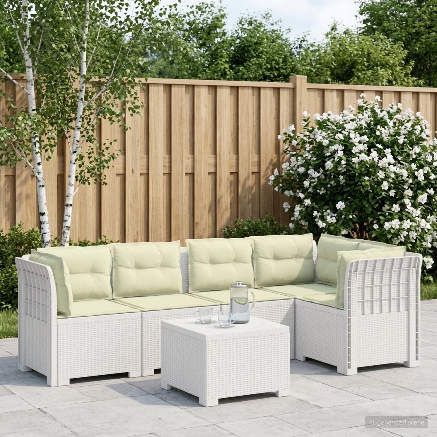 Divano da Giardino 5 Posti con Cuscini Stile Rattan PP Bianco | homemem39