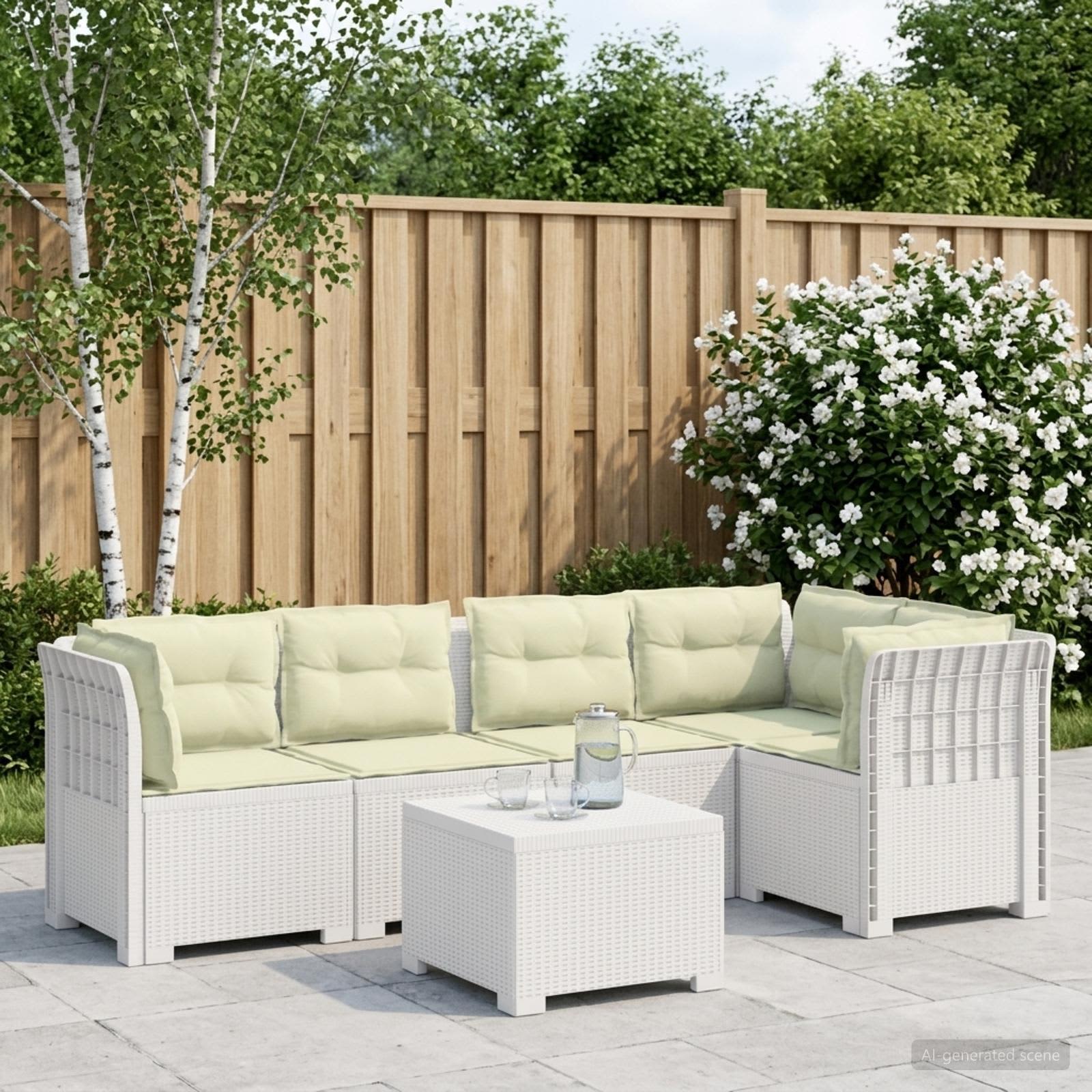 Divano da Giardino 5 Posti con Cuscini Stile Rattan PP Bianco | homemem39
