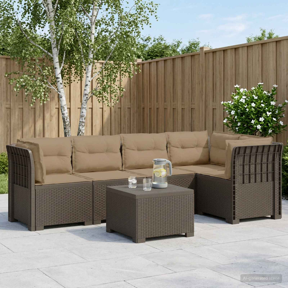 Divano da Giardino 5 Posti con Cuscini Stile Rattan PP | homemem39