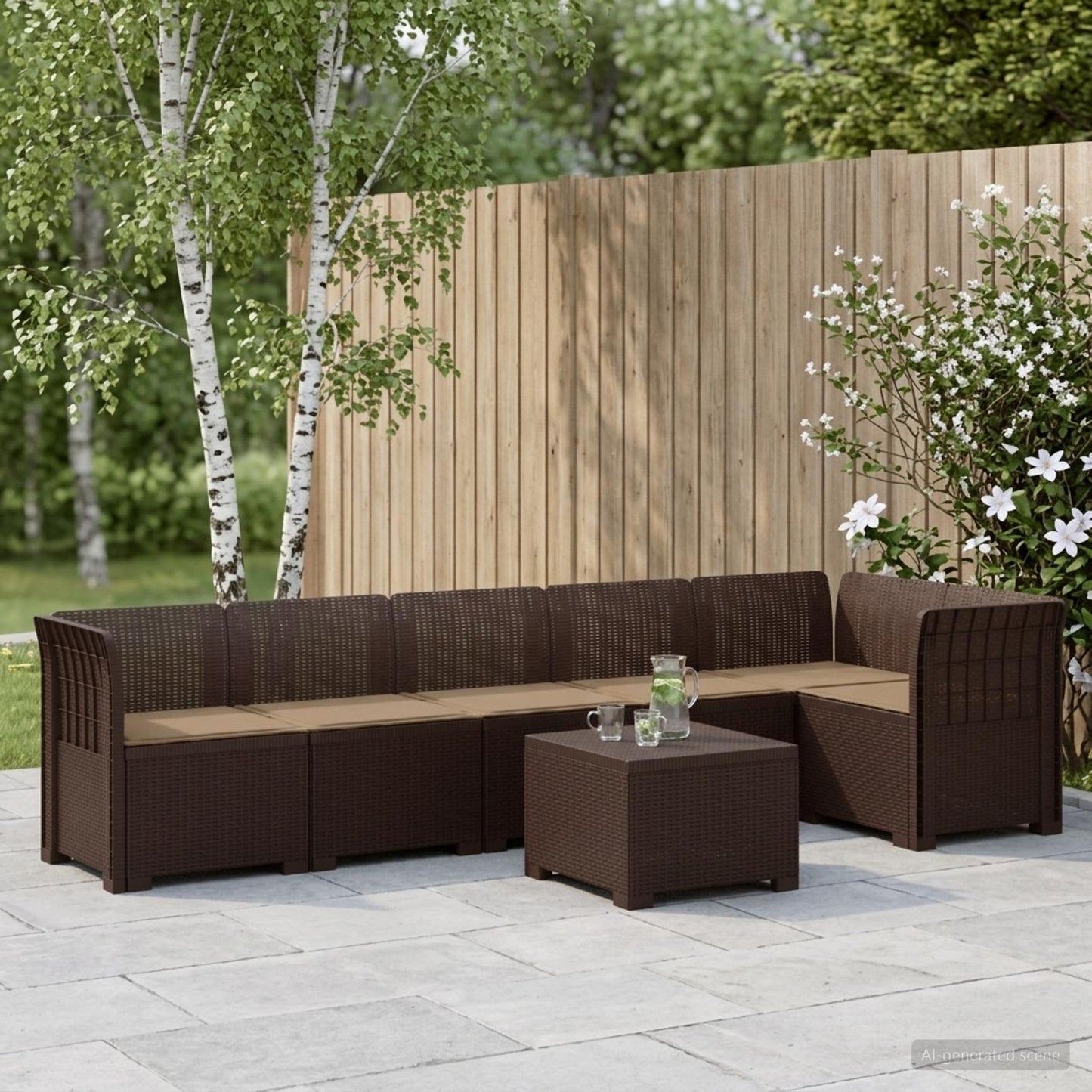Divano da Giardino 6 Posti con Cuscini Aspetto Rattan PP | homemem39