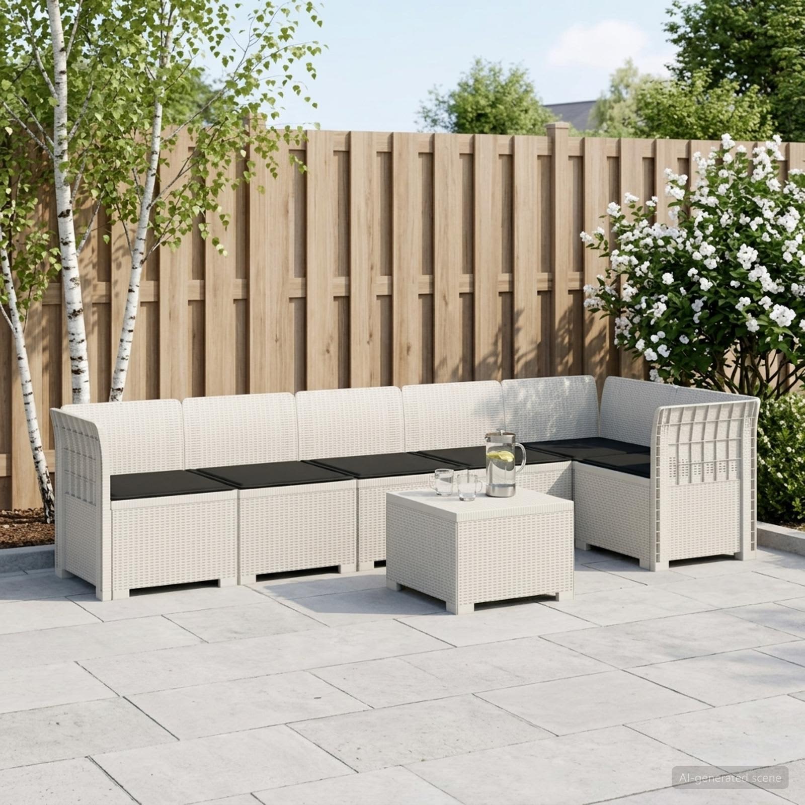 Divano da Giardino 6 Posti con Cuscini Aspetto Rattan PP Bianco | homemem39