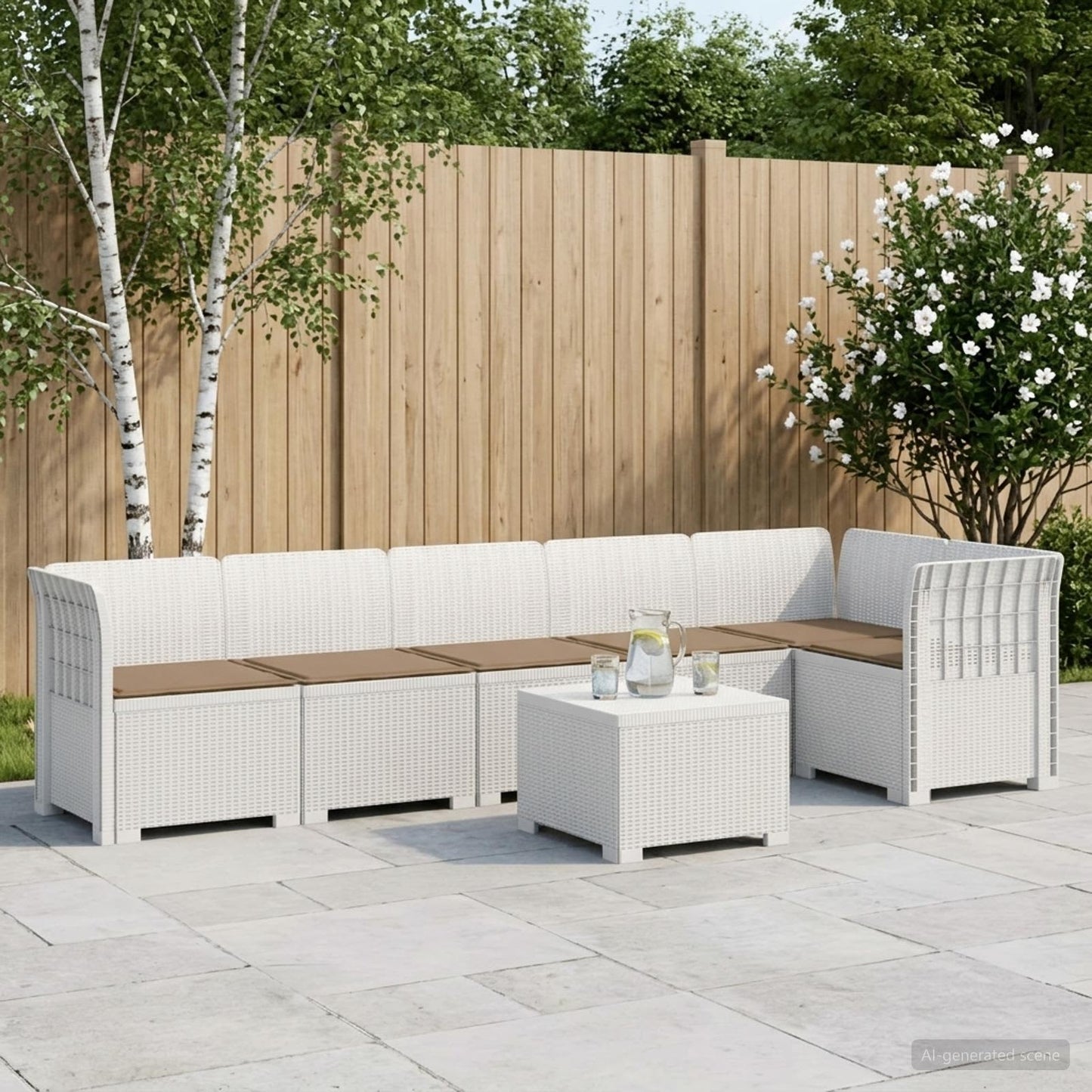 Divano da Giardino 6 Posti con Cuscini Aspetto Rattan PP Bianco | homemem39