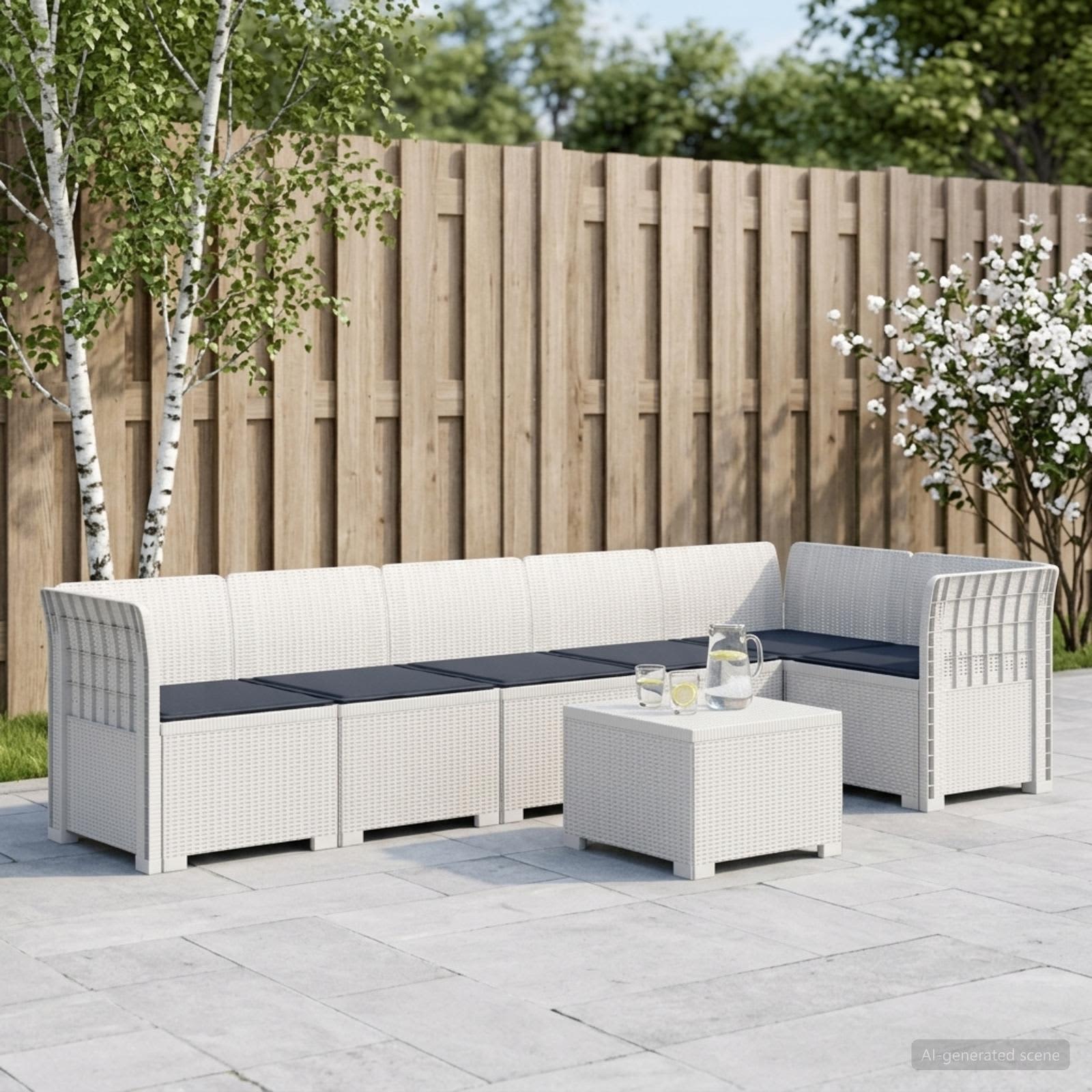 Divano da Giardino 6 Posti con Cuscini Aspetto Rattan PP Bianco | homemem39