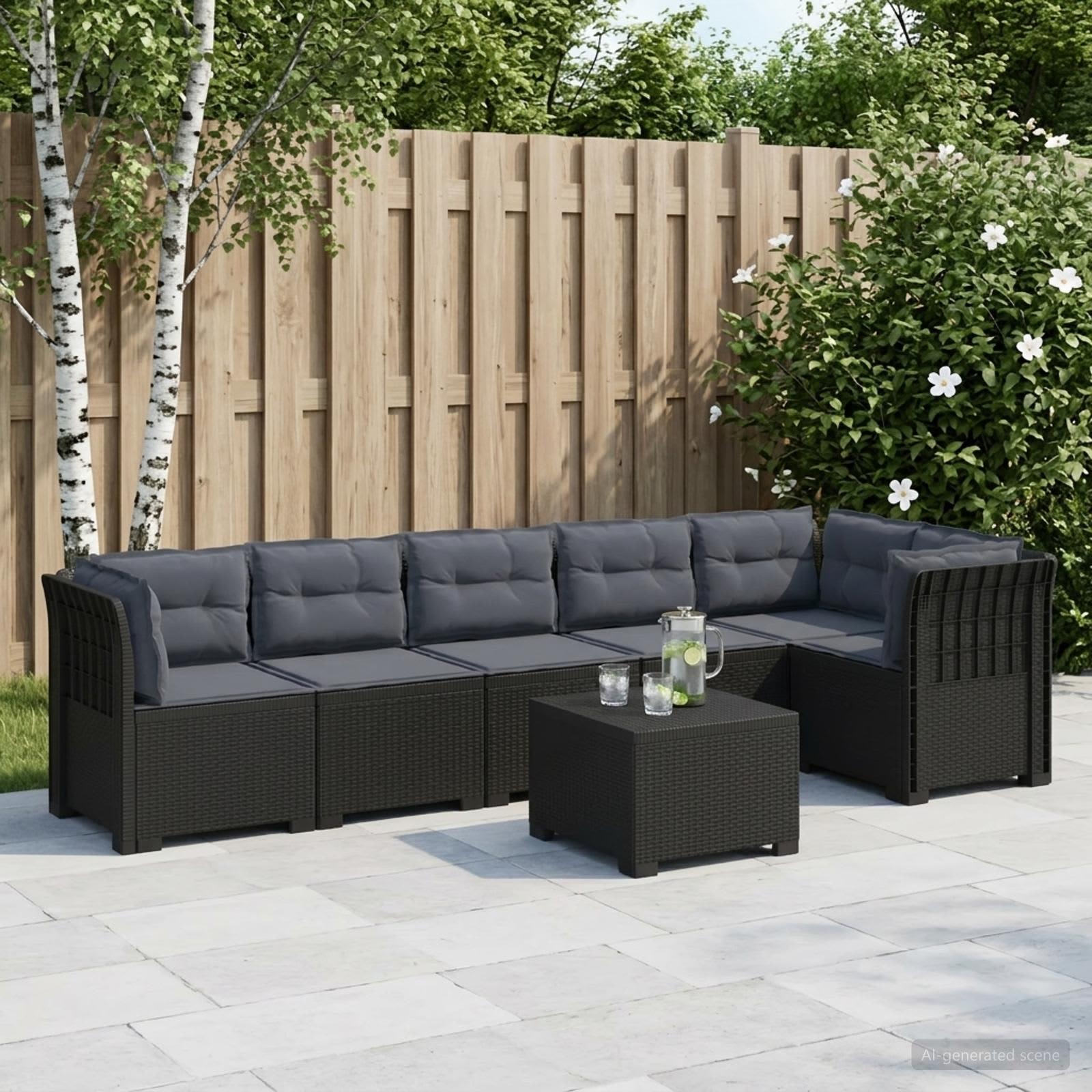Divano da Giardino 6 Posti con Cuscini Aspetto Rattan PP | homemem39
