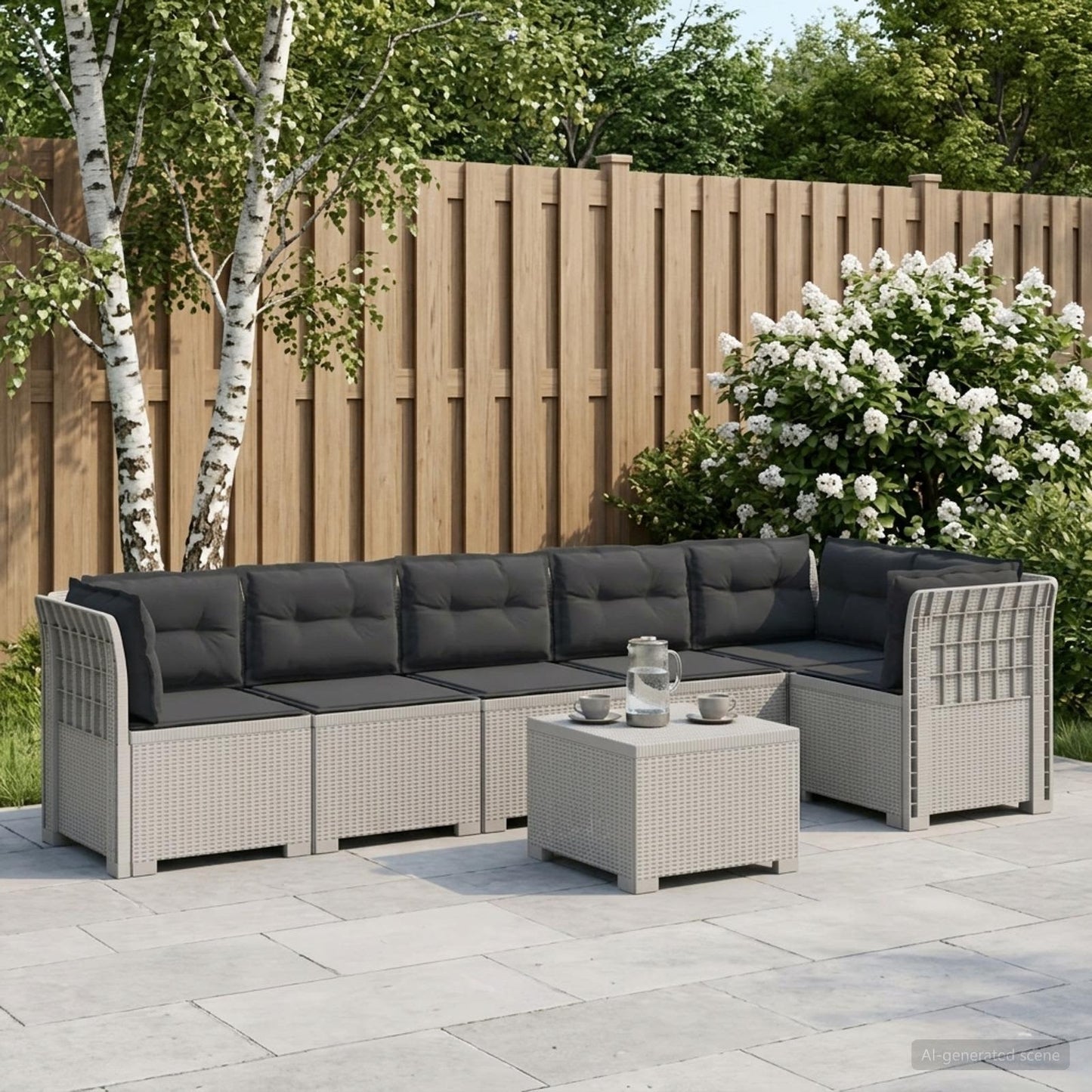 Divano da Giardino 6 Posti con Cuscini Aspetto Rattan PP Bianco | homemem39