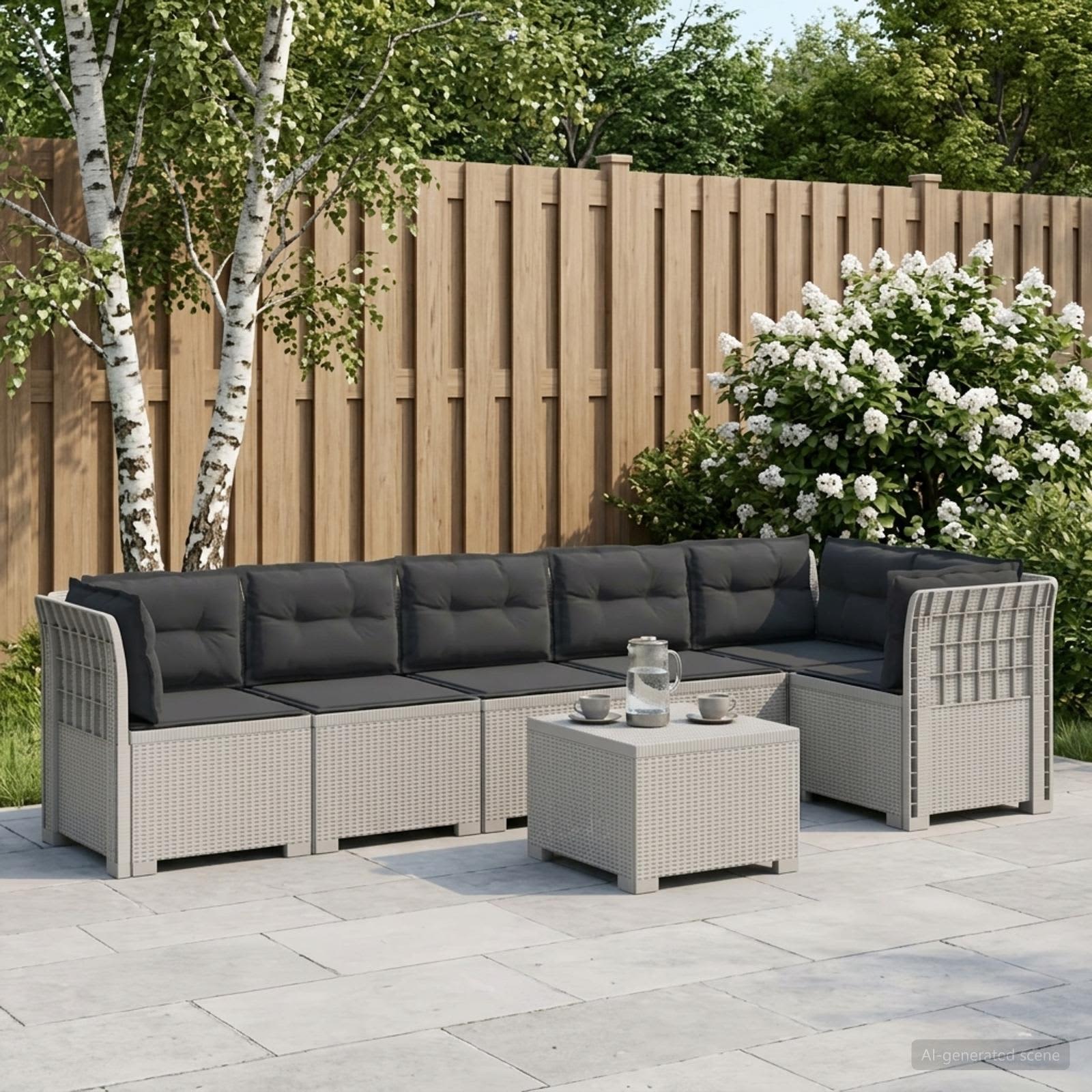Divano da Giardino 6 Posti con Cuscini Aspetto Rattan PP Bianco | homemem39