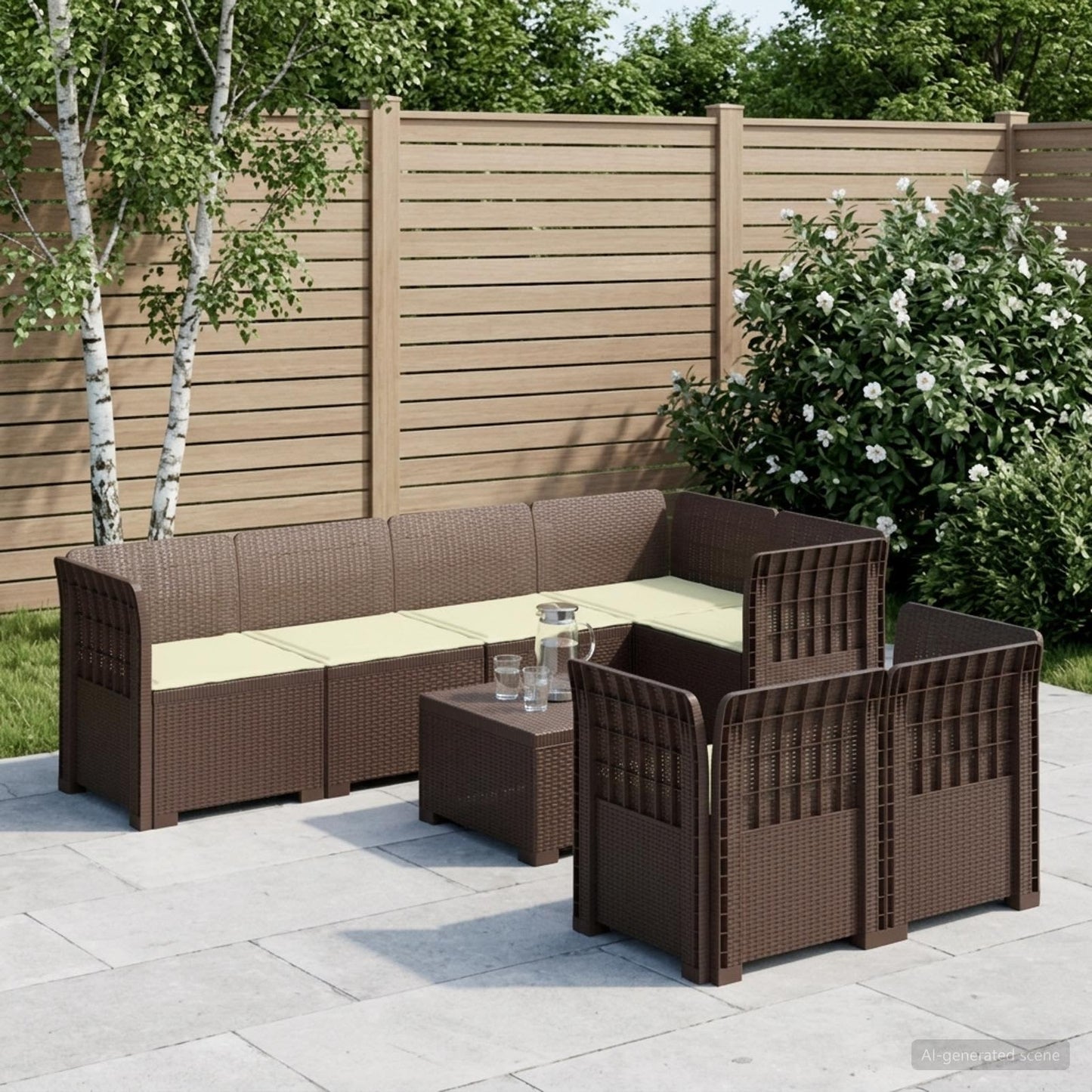 Divano 7 Posti da Giardino con Cuscini Aspetto Rattan PP