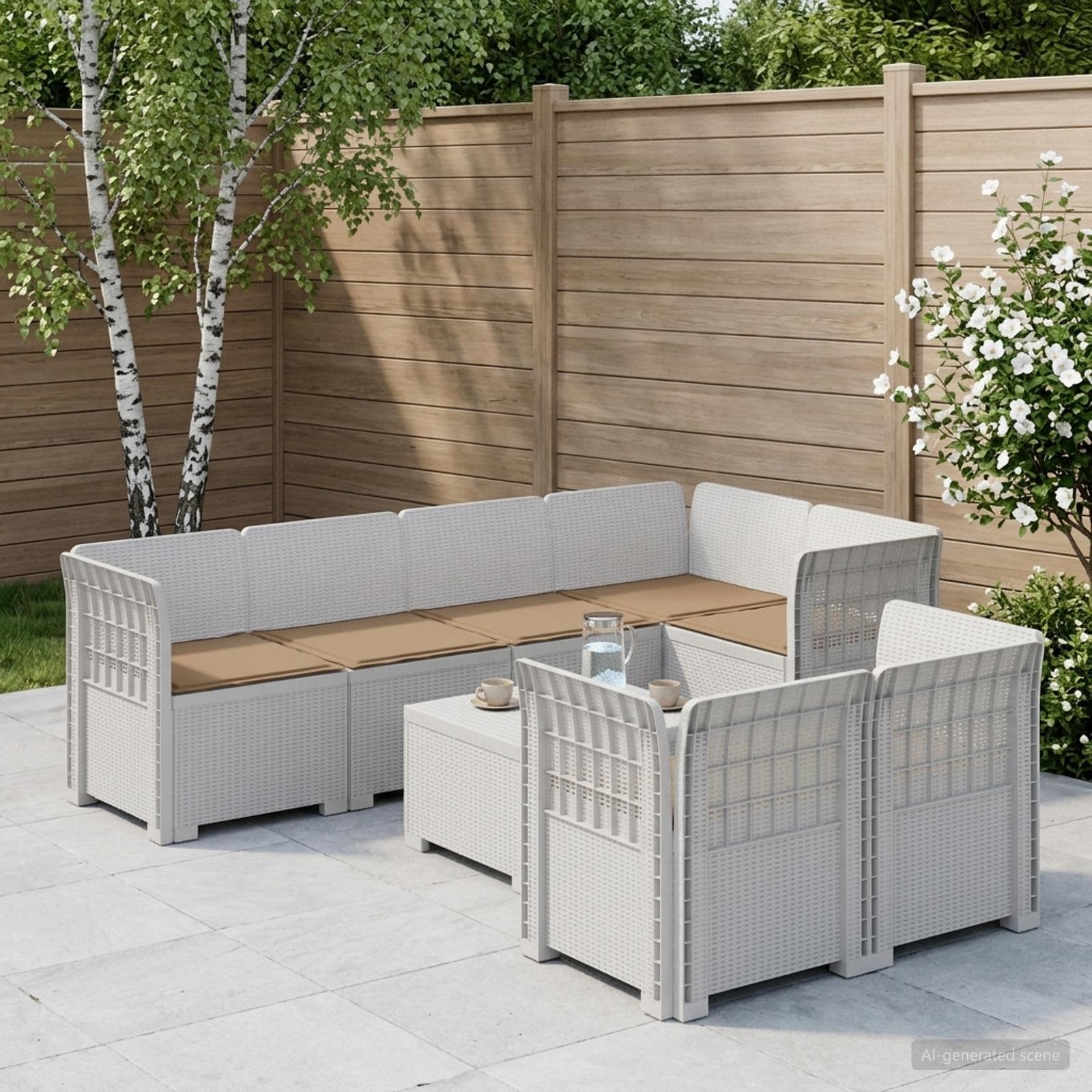 Divano 7 Posti da Giardino con Cuscini Aspetto Rattan PP Bianco | homemem39