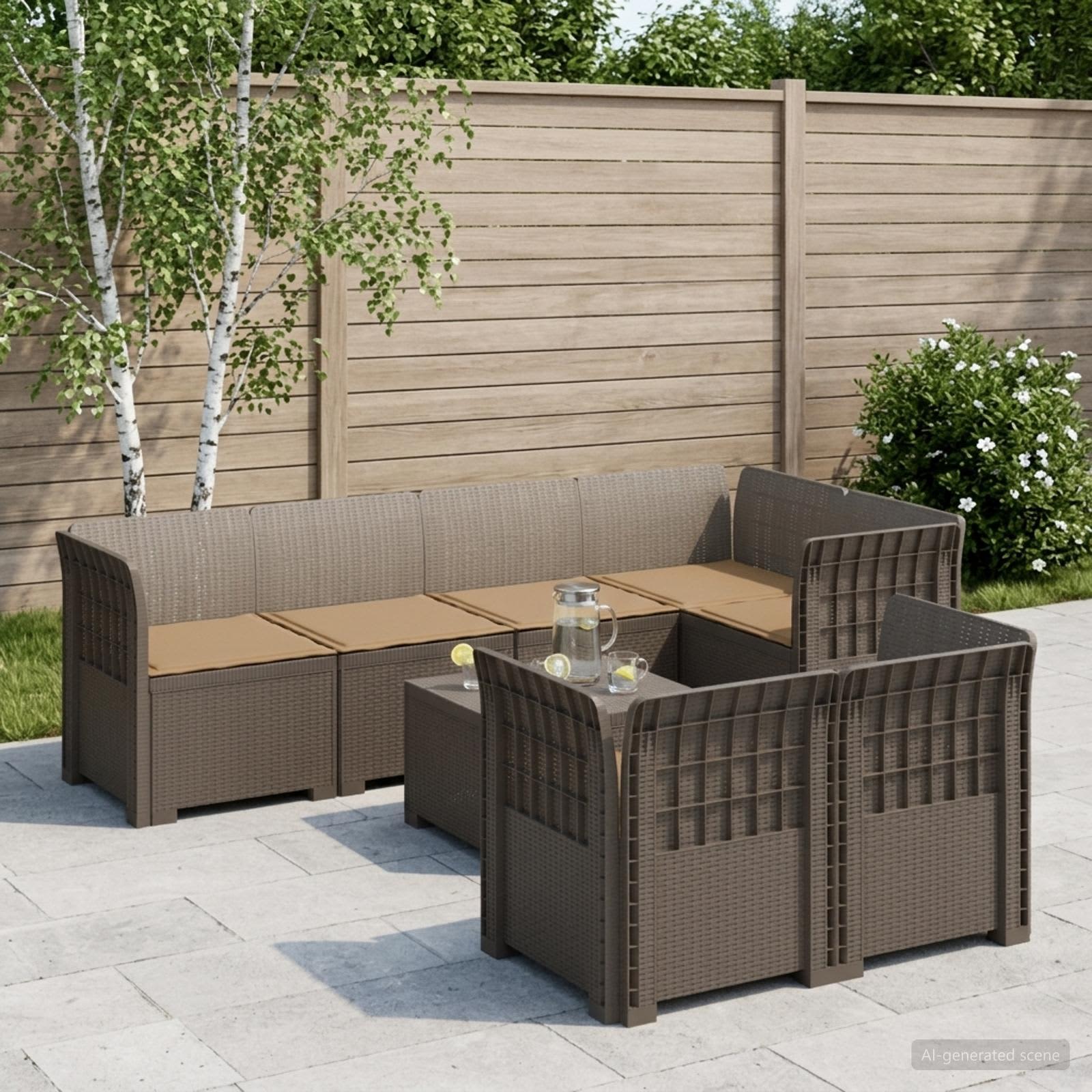 Divano 7 Posti da Giardino con Cuscini Aspetto Rattan PP | homemem39