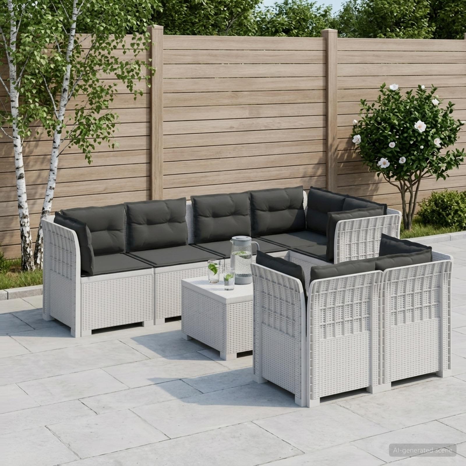 Divano 7 Posti da Giardino con Cuscini Aspetto Rattan PP Bianco | homemem39