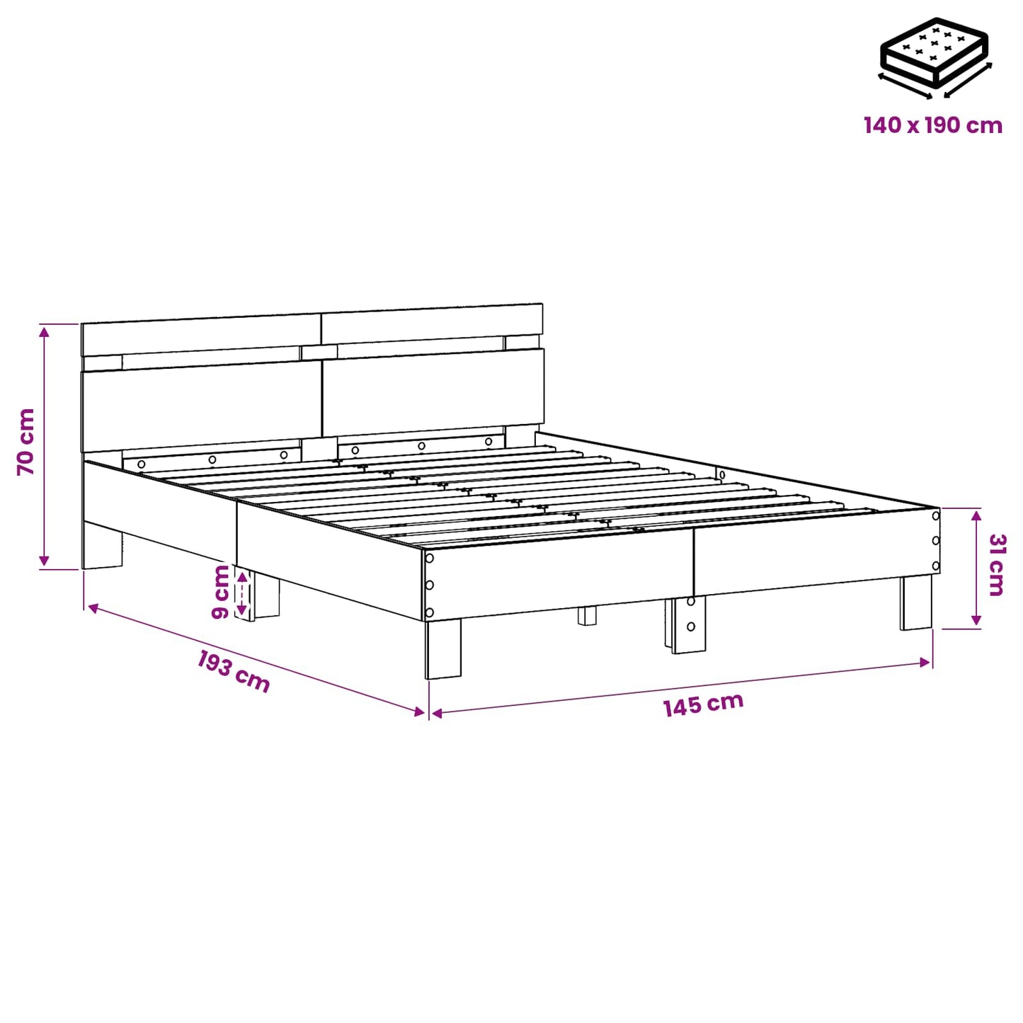 Struttura del letto Rovere Artigianale 140 x 190 cm | homemem39