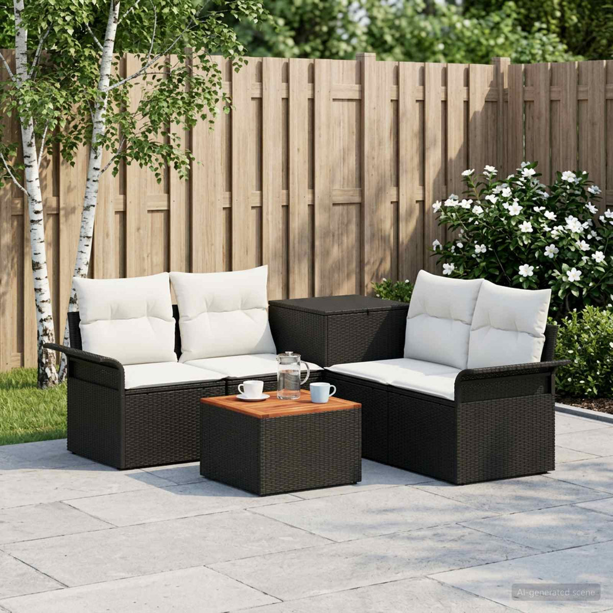 Set di divani 6 pz 4 posto Nero e Bianco Crema