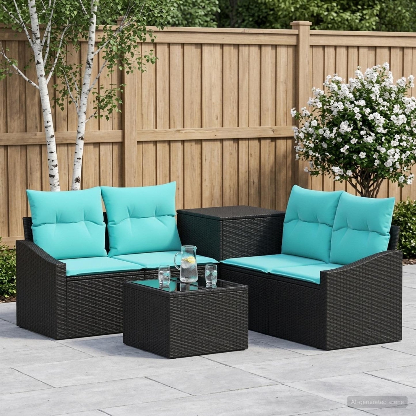 Set di divani 6 pz Nero e Blu Rattan sintetico e Acciaio | homemem39