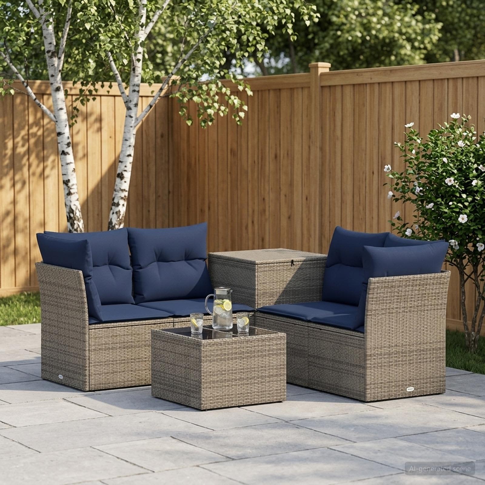 Set di divani 6 pz Grigio e Blu Navy Rattan sintetico e Acciaio | homemem39