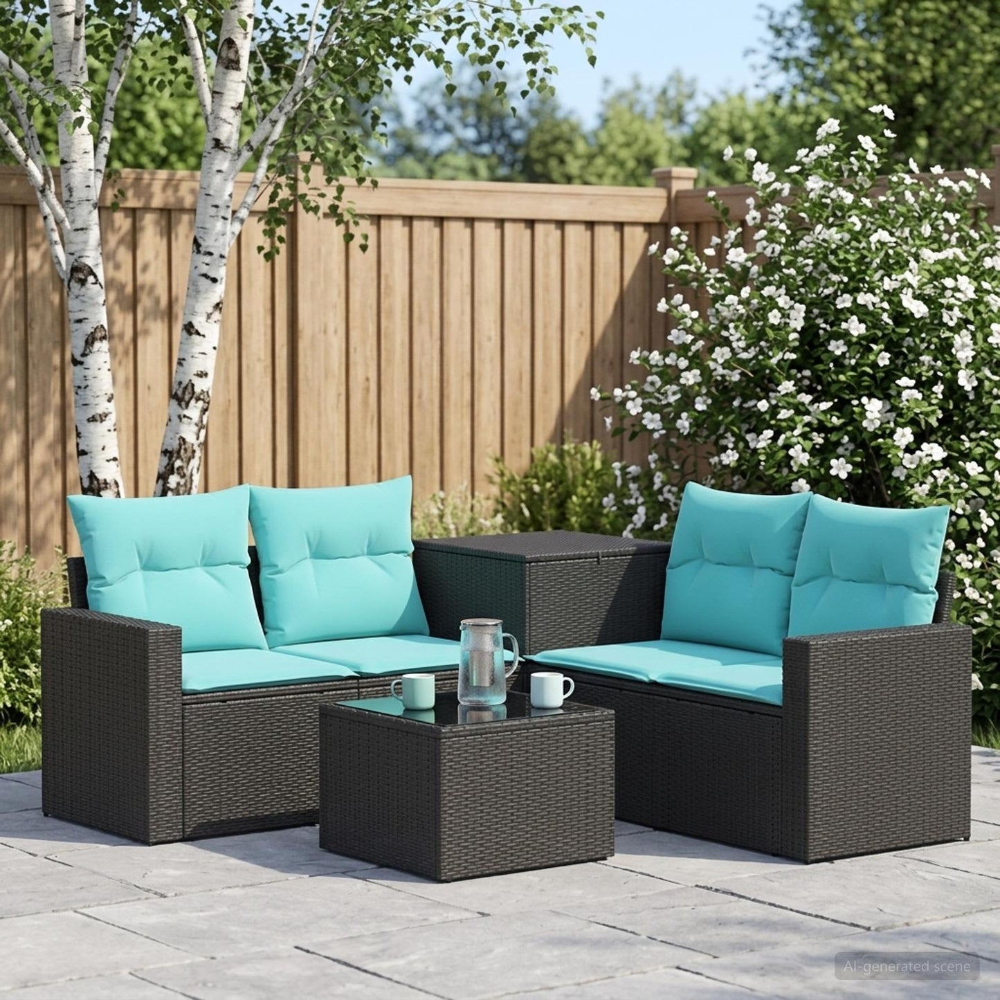 Set di divani 6 pz Nero e Blu Rattan sintetico e Acciaio | homemem39