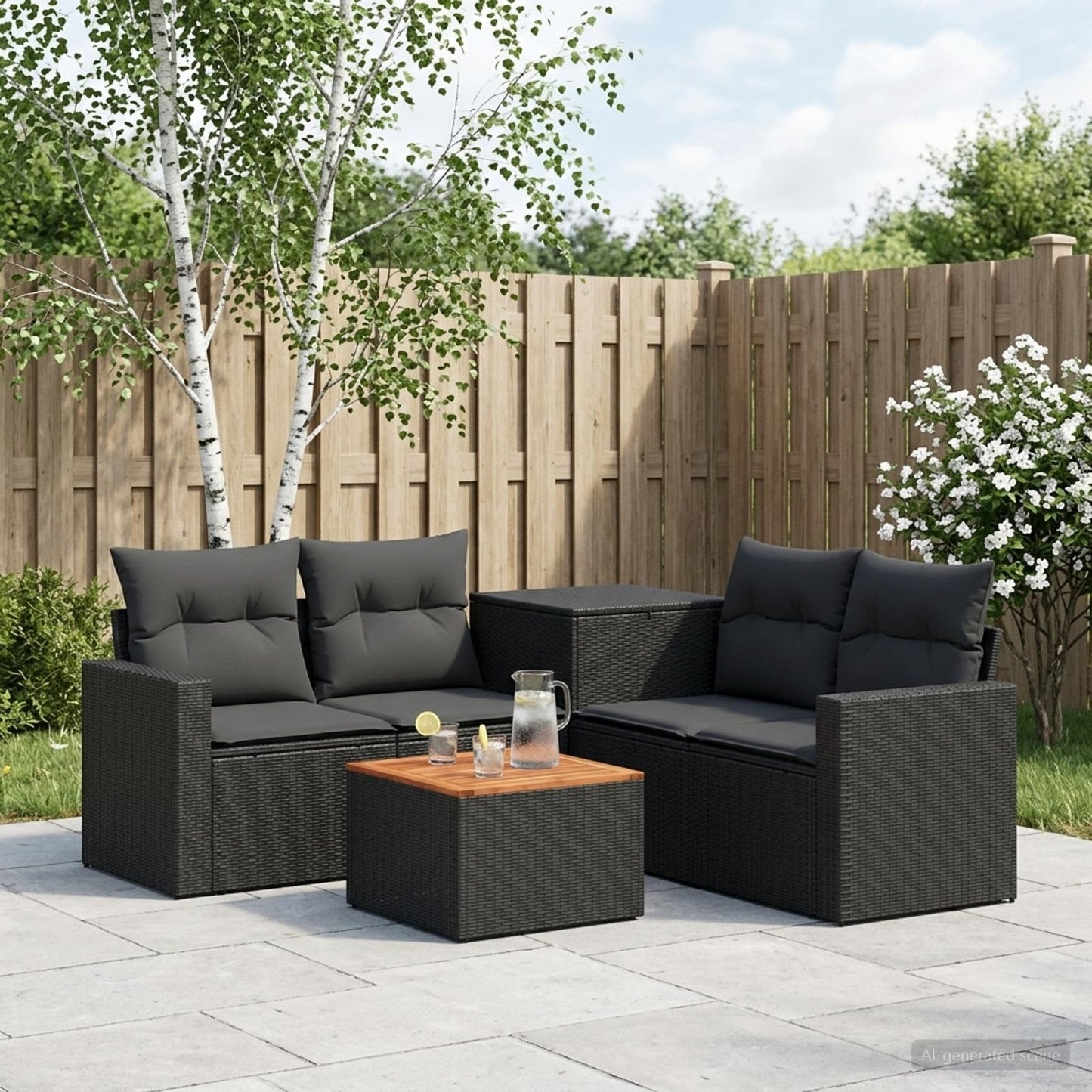 Set di divani 6 pz Nero Rattan sintetico e Acciaio