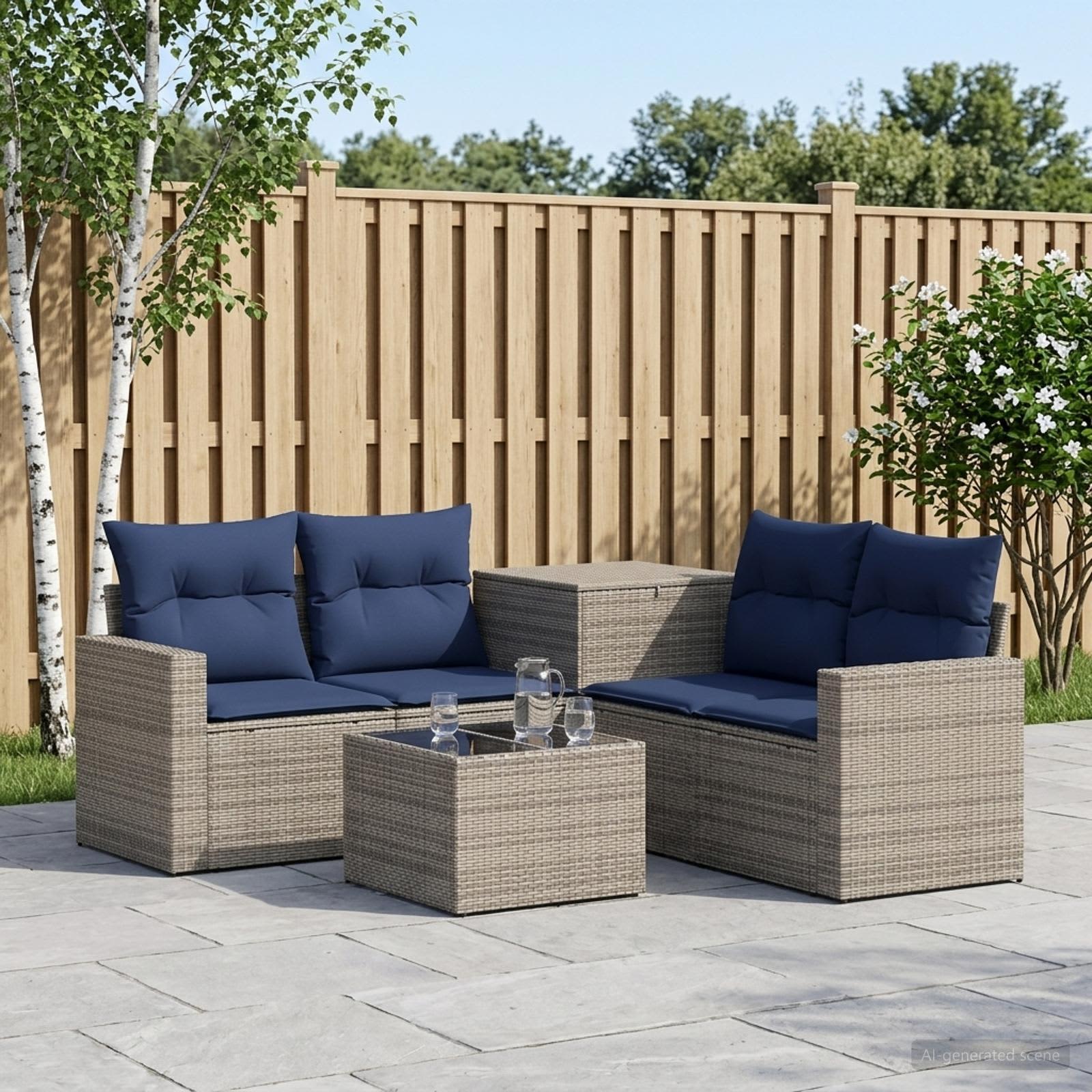 Set di divani 6 pz Grigio e Blu Navy Rattan sintetico e Acciaio | homemem39