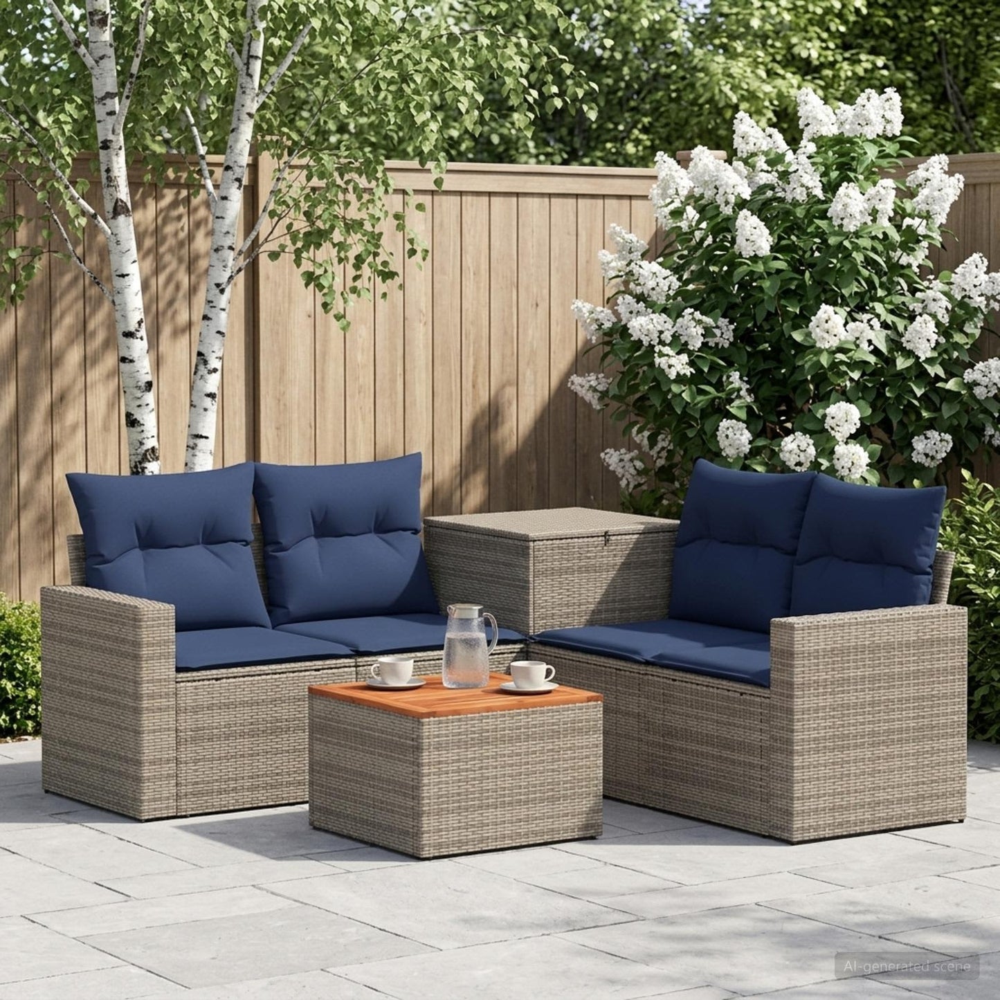 Set di divani 6 pz Grigio e Blu Navy Rattan sintetico e Acciaio | homemem39