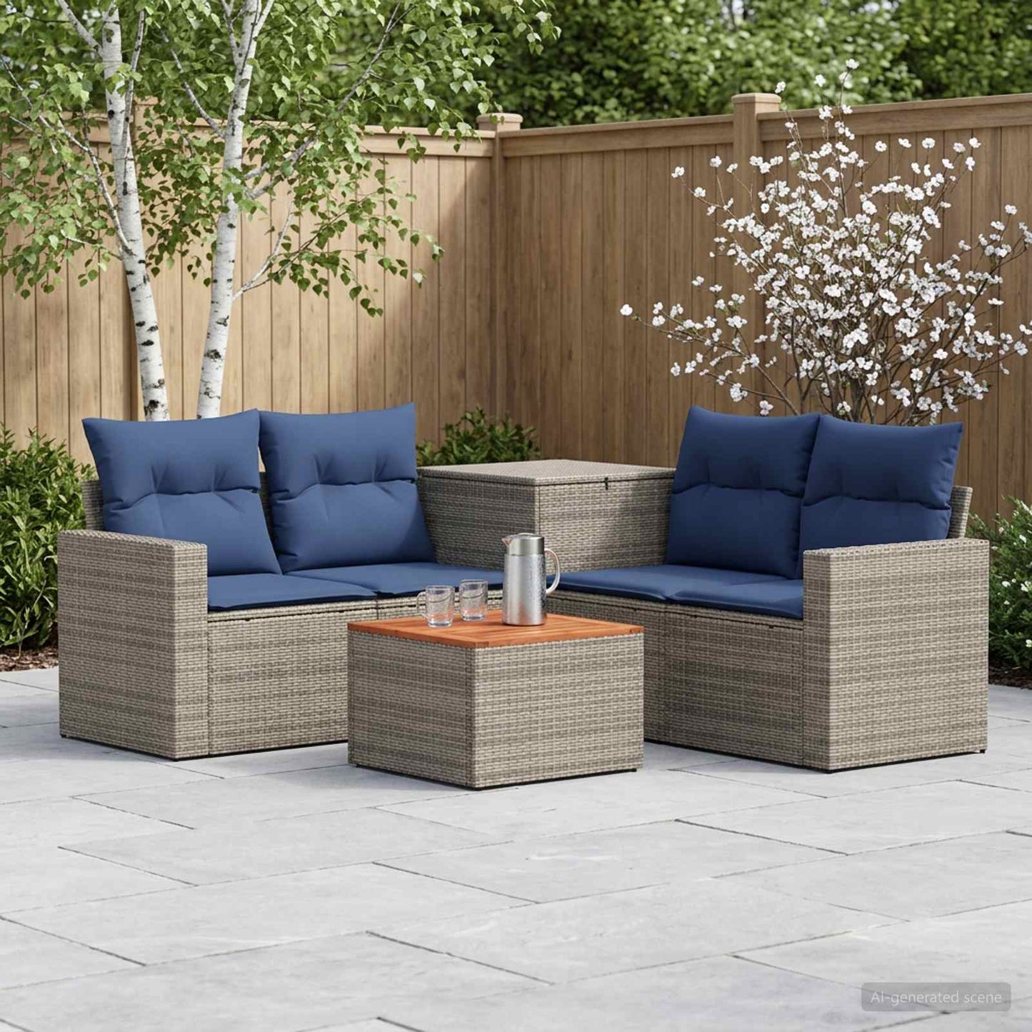 Set di divani 6 pz Grigio e Blu Navy Rattan sintetico e Acciaio | homemem39