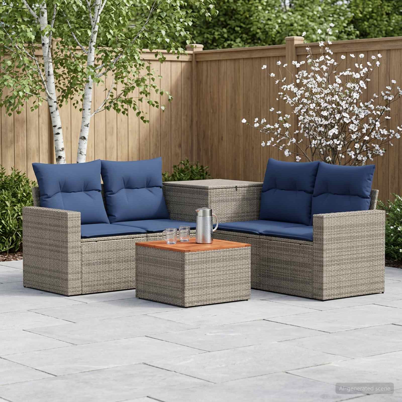 Set di divani 6 pz Grigio e Blu Navy Rattan sintetico e Acciaio | homemem39