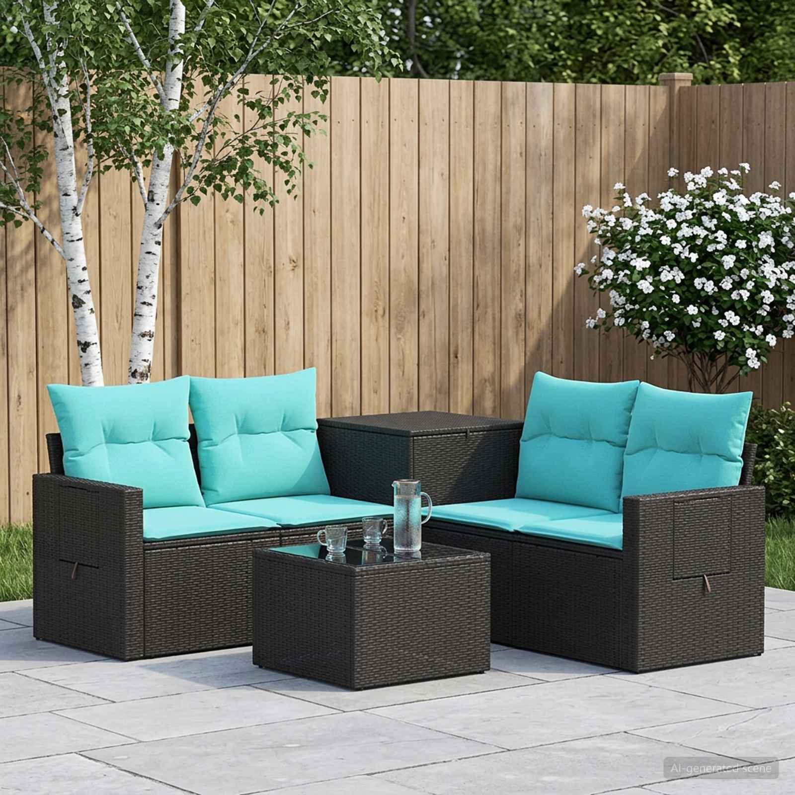 Set di divani 6 pz Nero e Blu Rattan sintetico e Acciaio | homemem39