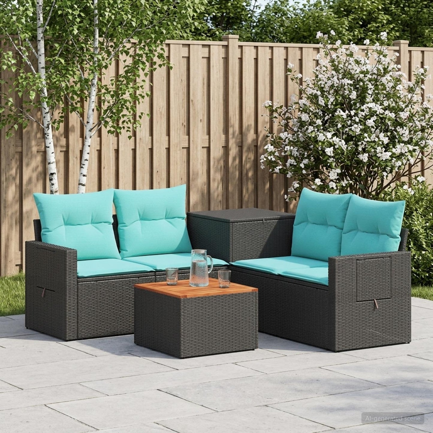 Set di divani 6 pz Nero e Blu Rattan sintetico e Acciaio