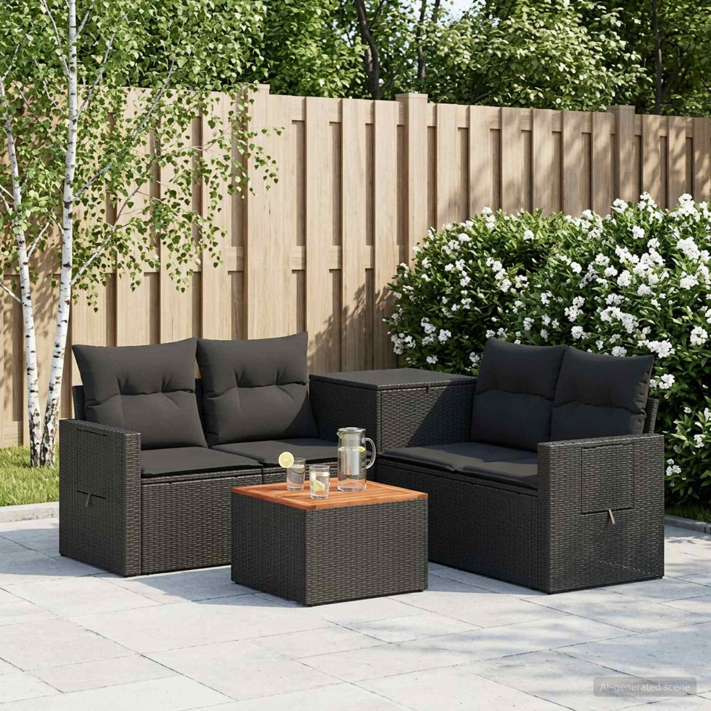 Set di divani 6 pz Nero Rattan sintetico e Acciaio