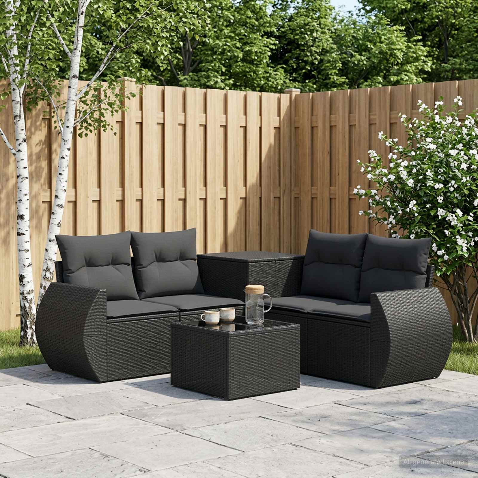 Set di divani 6 pz Nero Rattan sintetico e Acciaio | homemem39