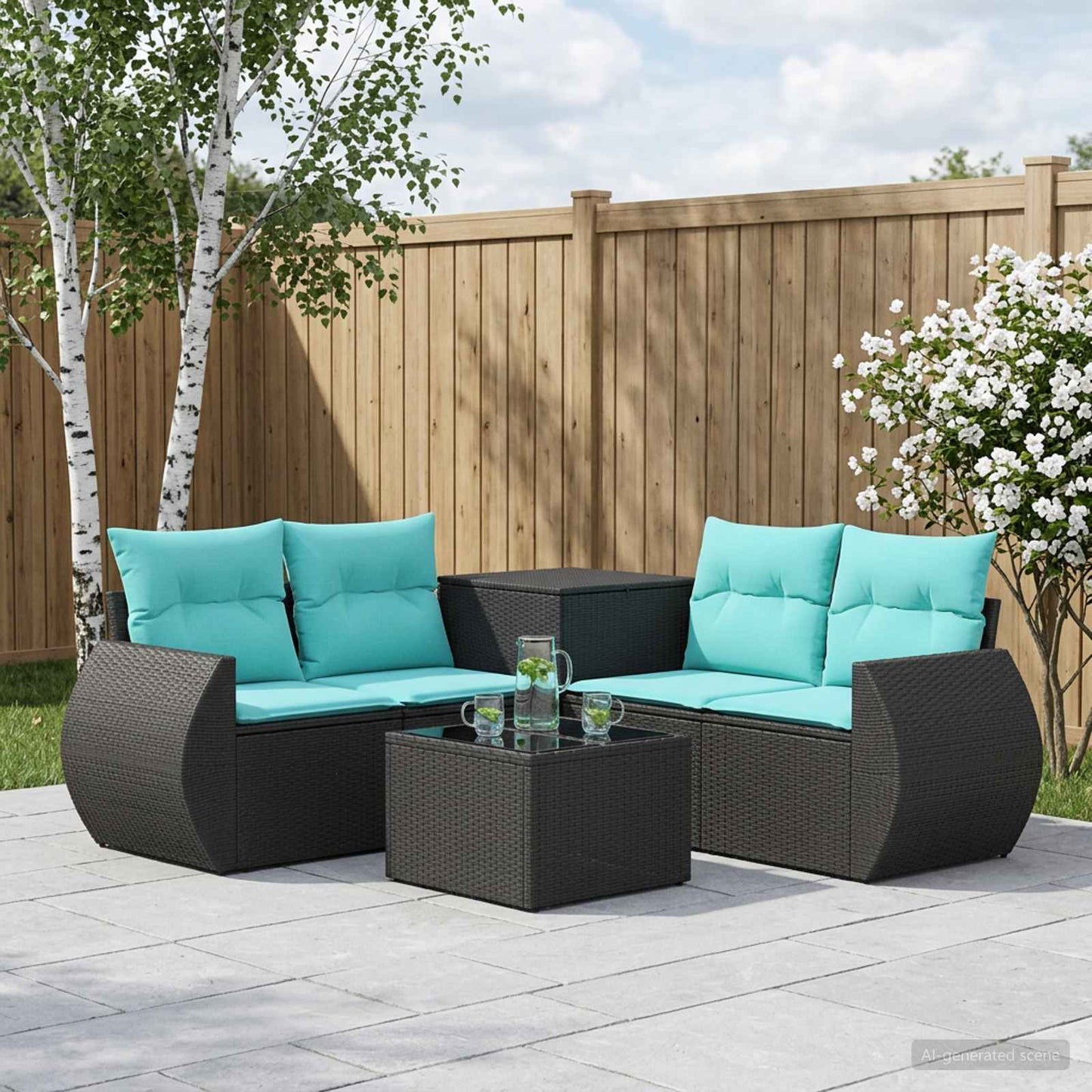 Set di divani 6 pz Nero e Blu Rattan sintetico e Acciaio | homemem39