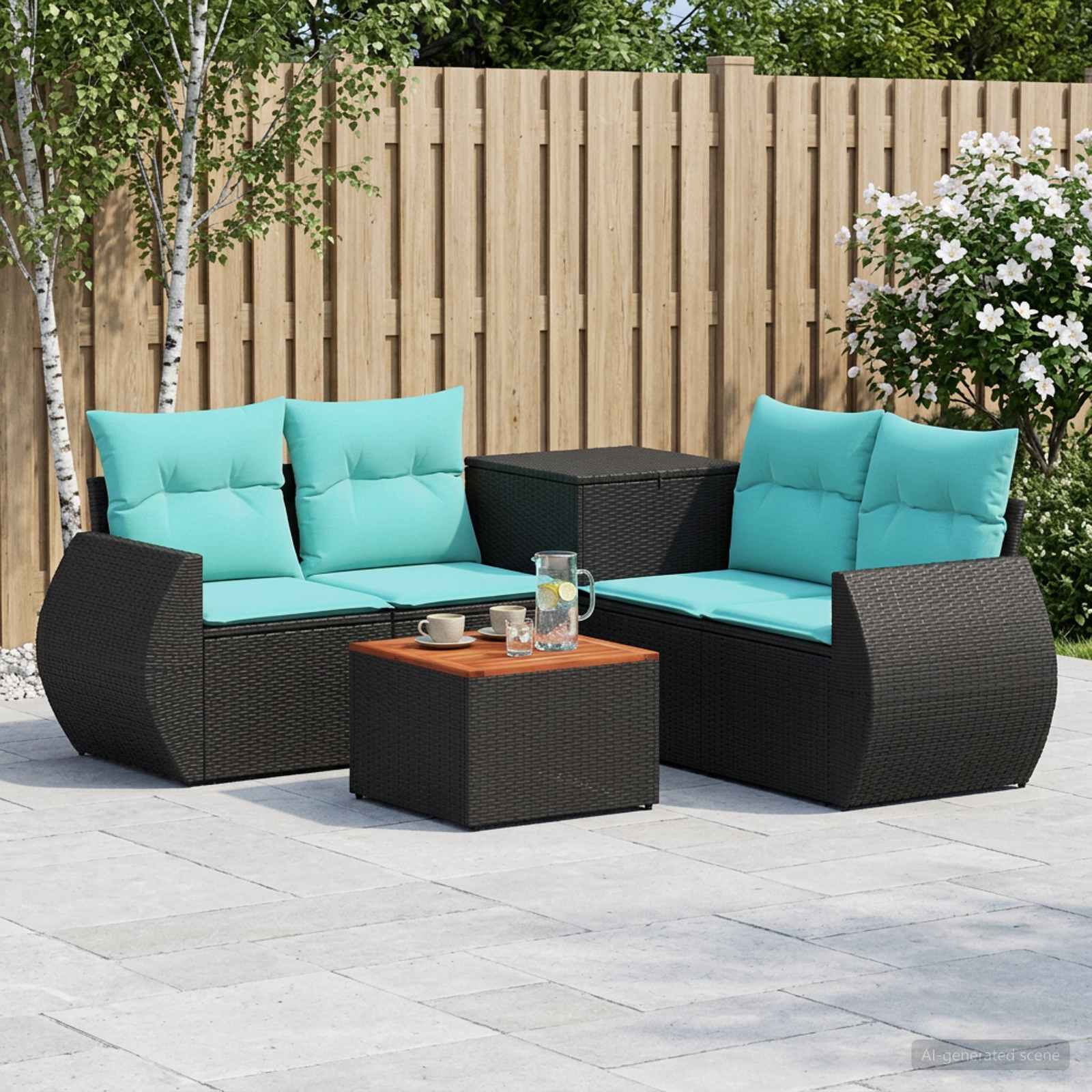 Set di divani 6 pz Nero e Blu Rattan sintetico e Acciaio | homemem39