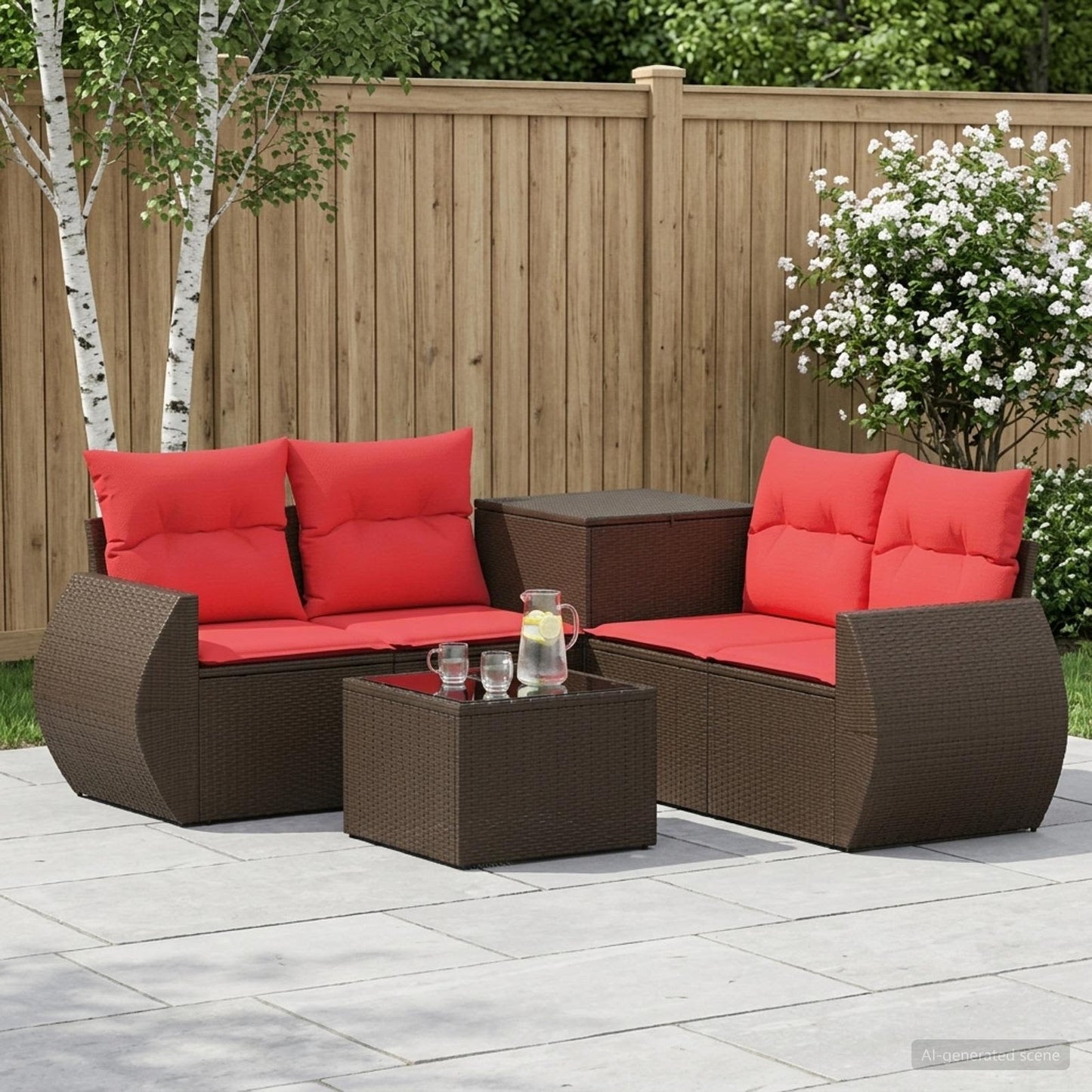 Set di divani 6 pz Marrone e Rosso Rattan sintetico e Acciaio | homemem39