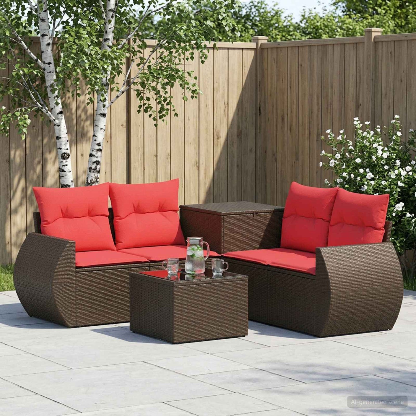 Set di divani 6 pz Marrone e Rosso Rattan sintetico e Acciaio | homemem39