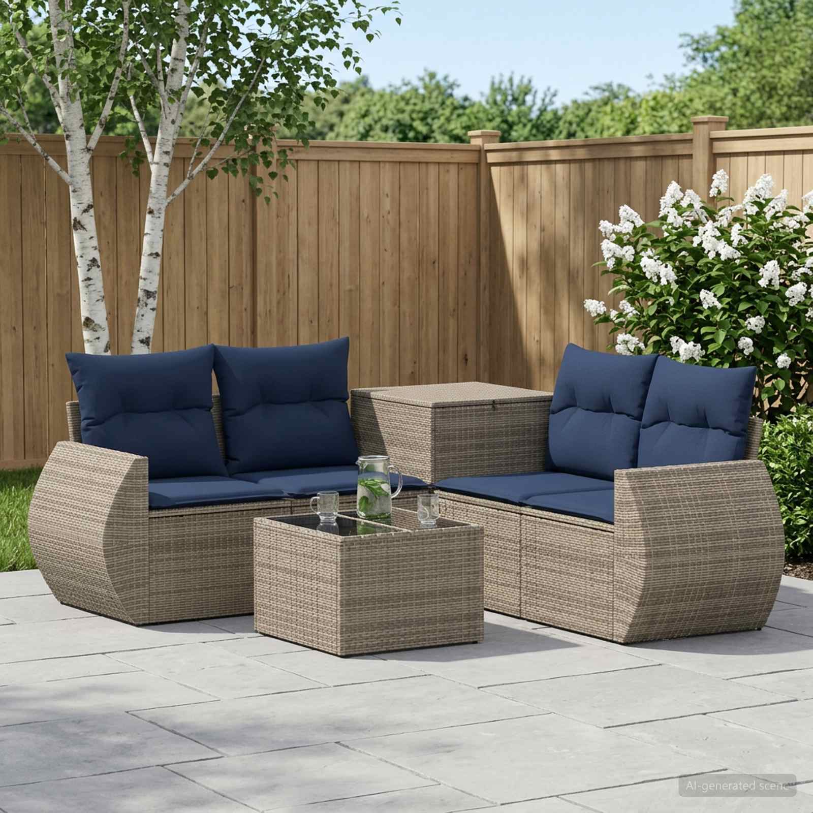 Set di divani 6 pz Grigio e Blu Navy Rattan sintetico e Acciaio | homemem39